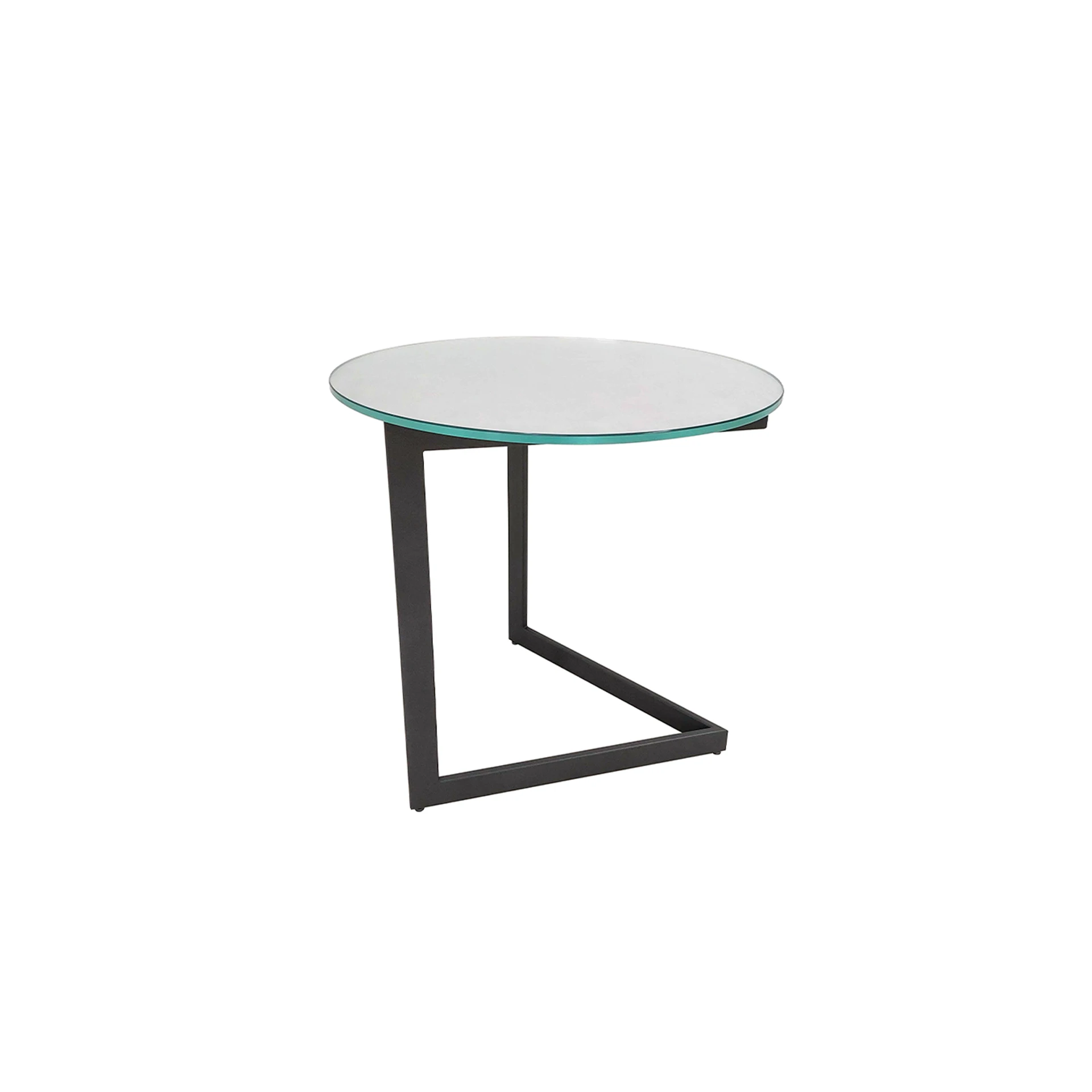 A modern side table with a round glass top and a dark C-shaped metal base on a white background.