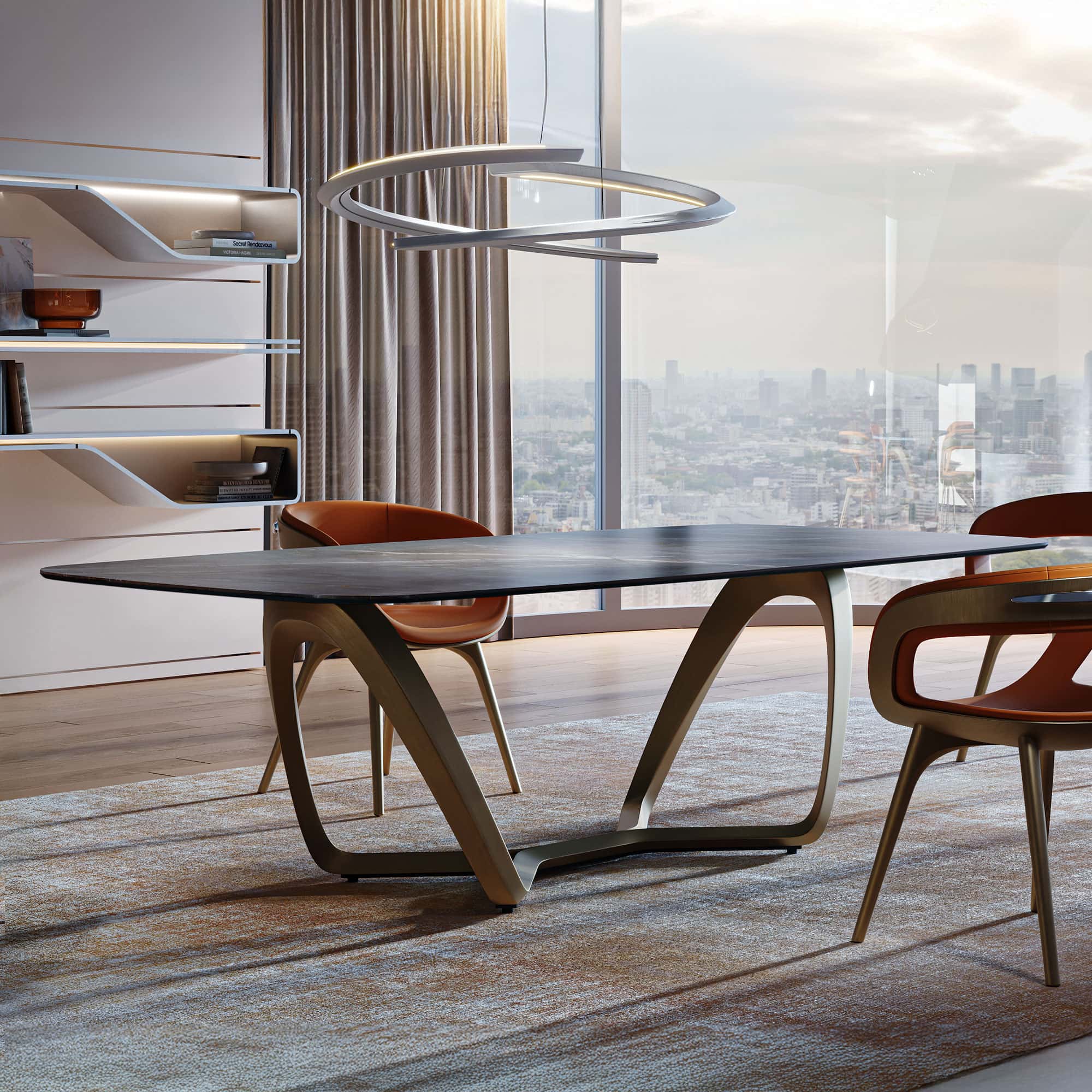 Contemporary modern dining table with sleek wooden design in luxury city skyline apartment.