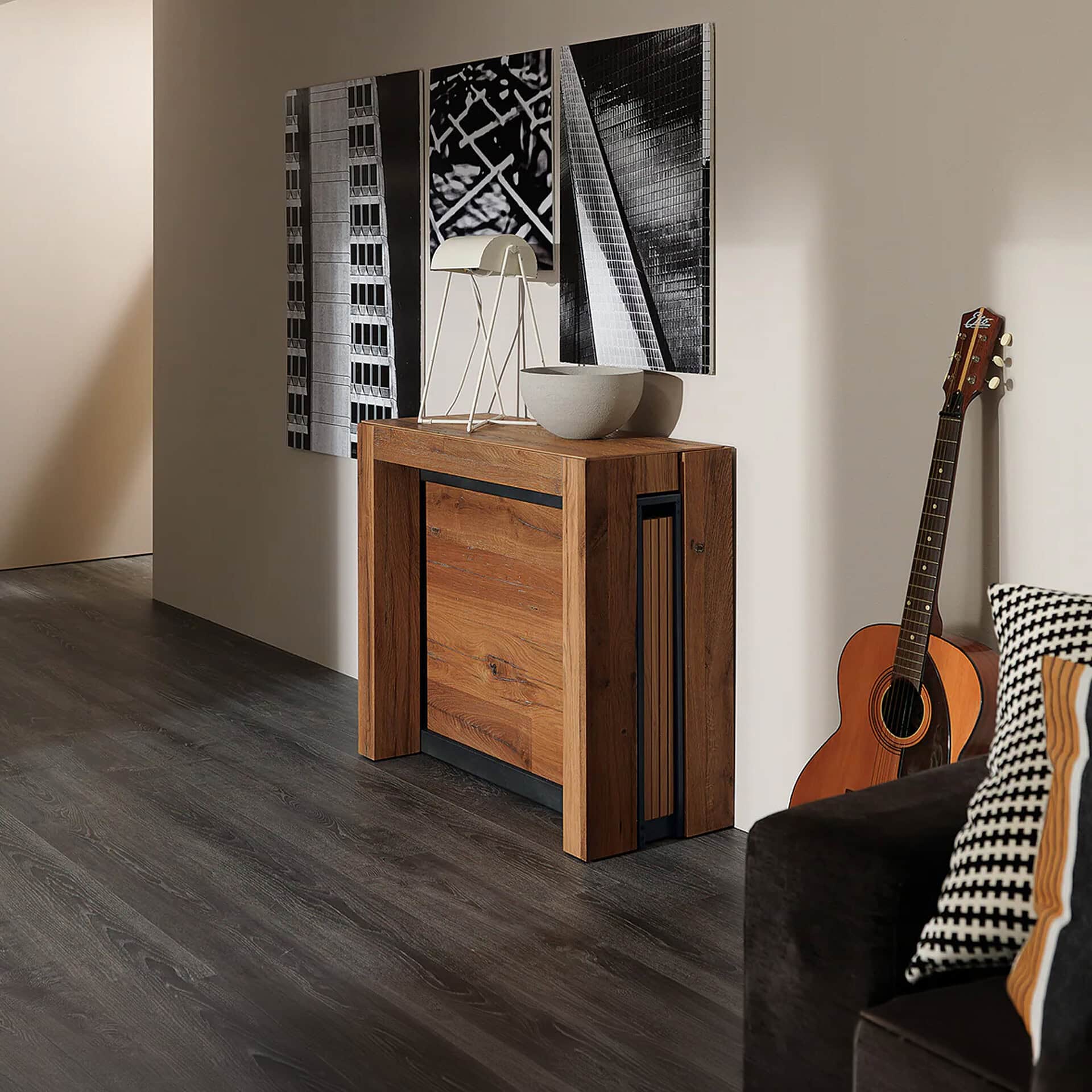 Extendable console table for versatile living room or entryway decor. Crafted from quality wood, per.