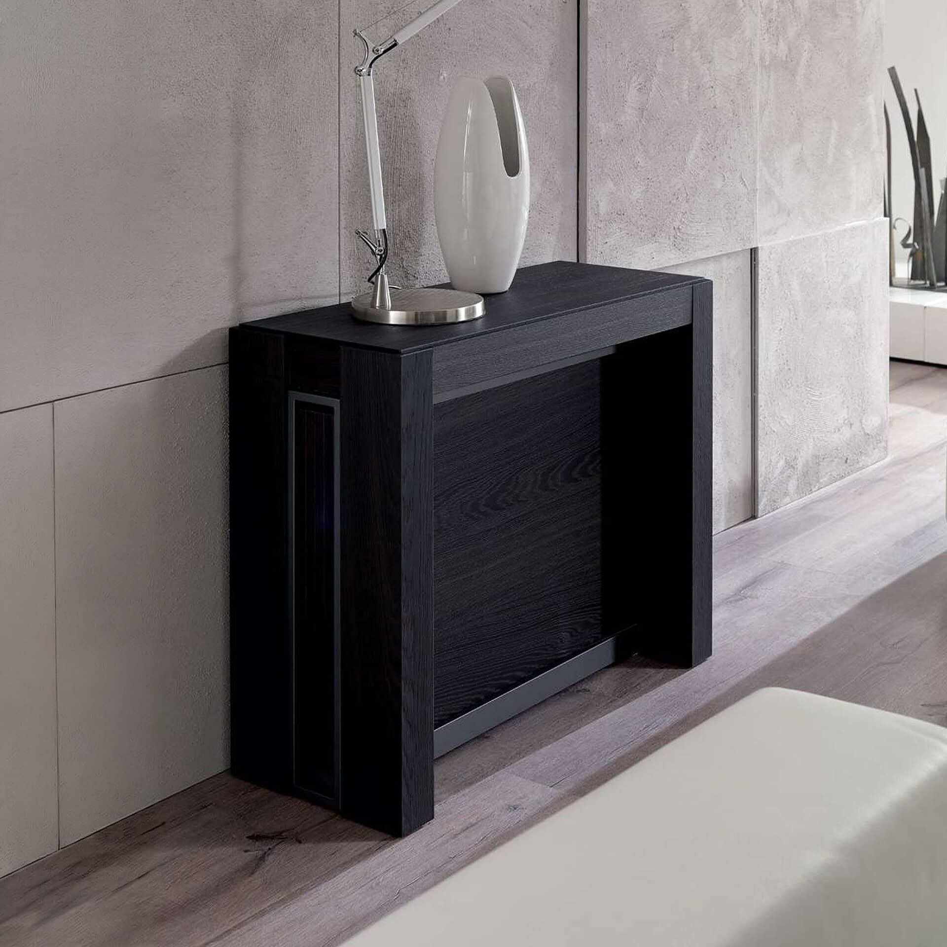 Extendable console table with sleek black finish, perfect for modern living spaces.