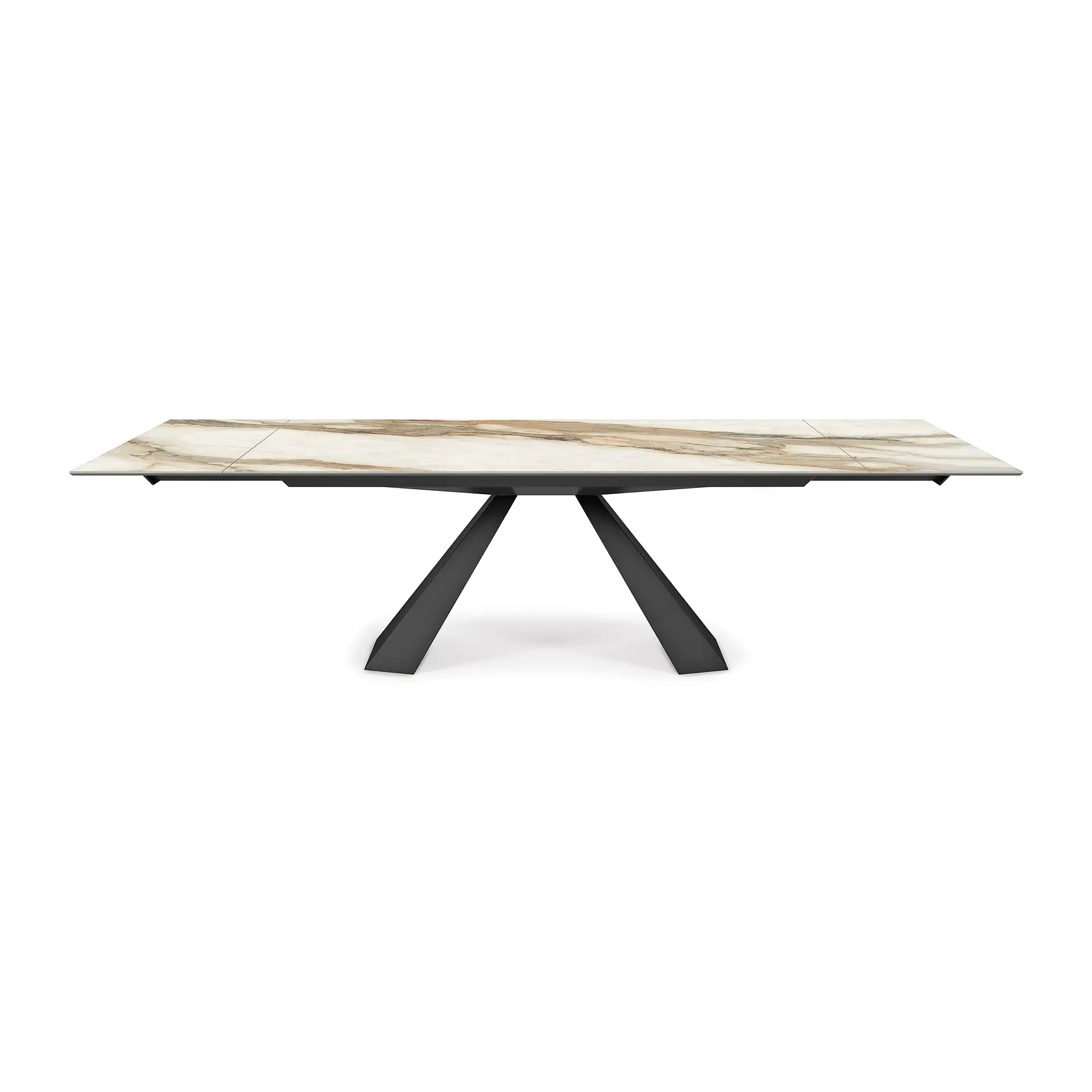 A modern rectangular dining table with a white and brown marble-look top and a dark metal V-shaped base on a white background.
