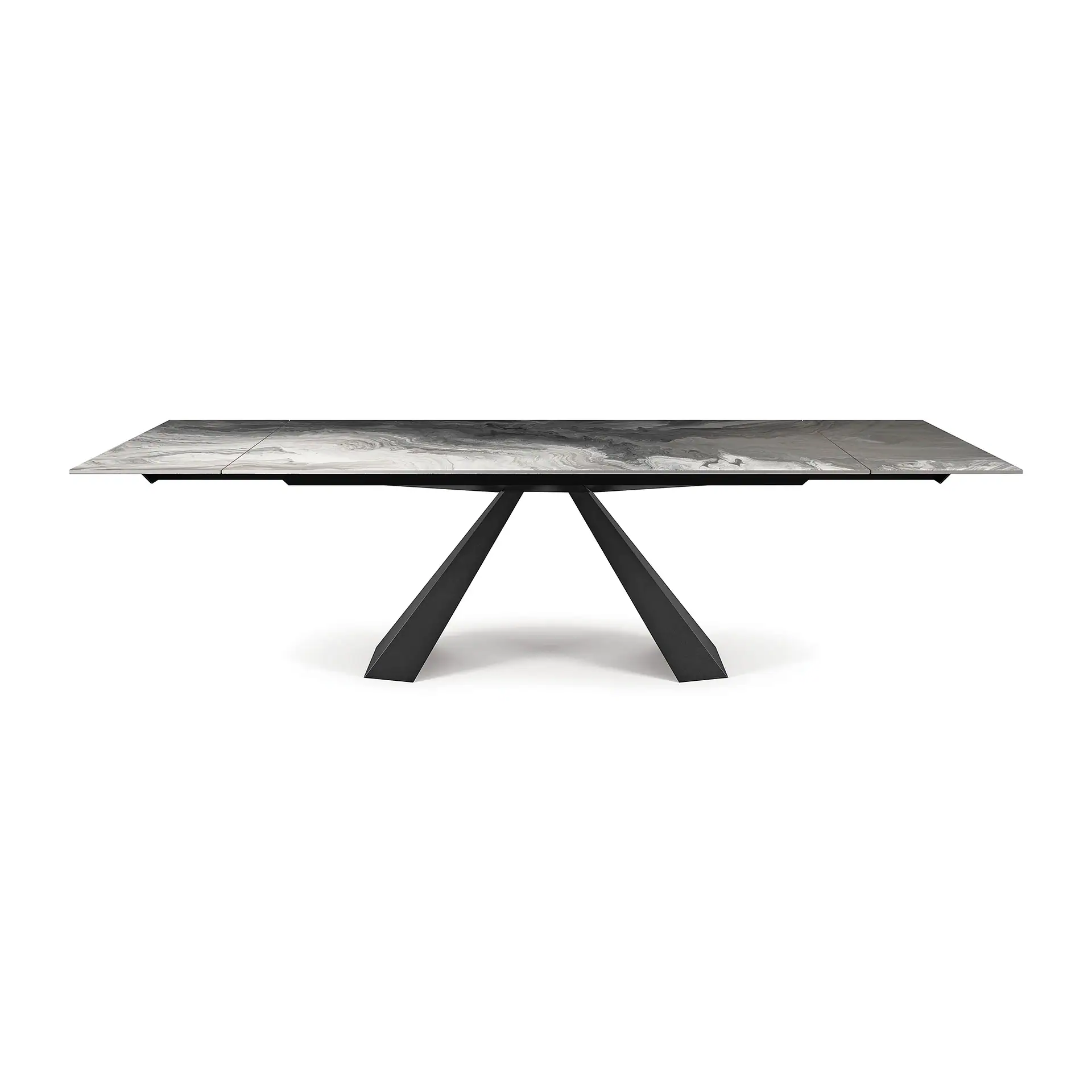 Modern dining table with a rectangular grey and white marbled top and a dark, angled geometric base on a white background.