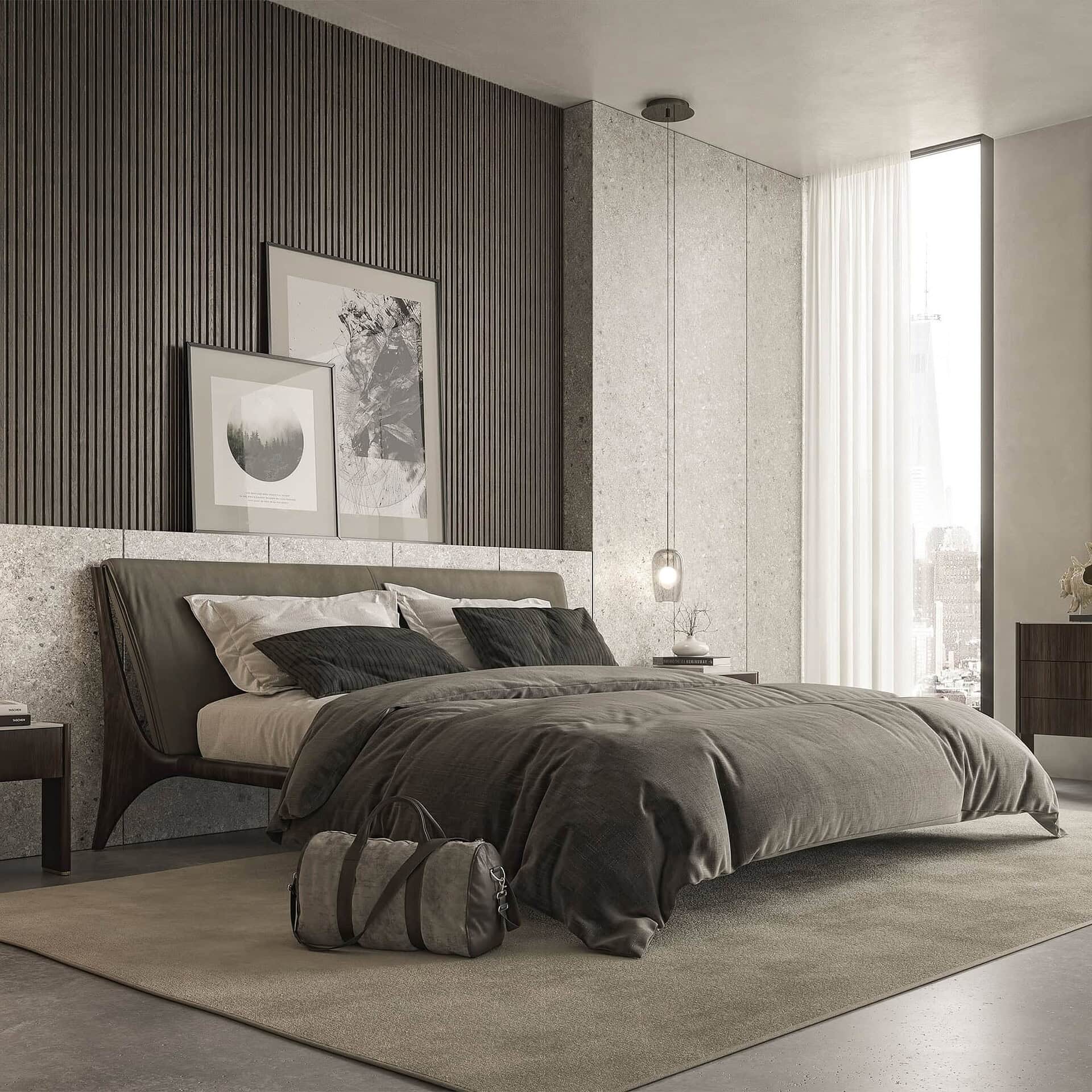 Bedroom interior with Nelson Wood Frame Upholstered Bed in dark fabric, styled with layered bedding and framed artwork.
