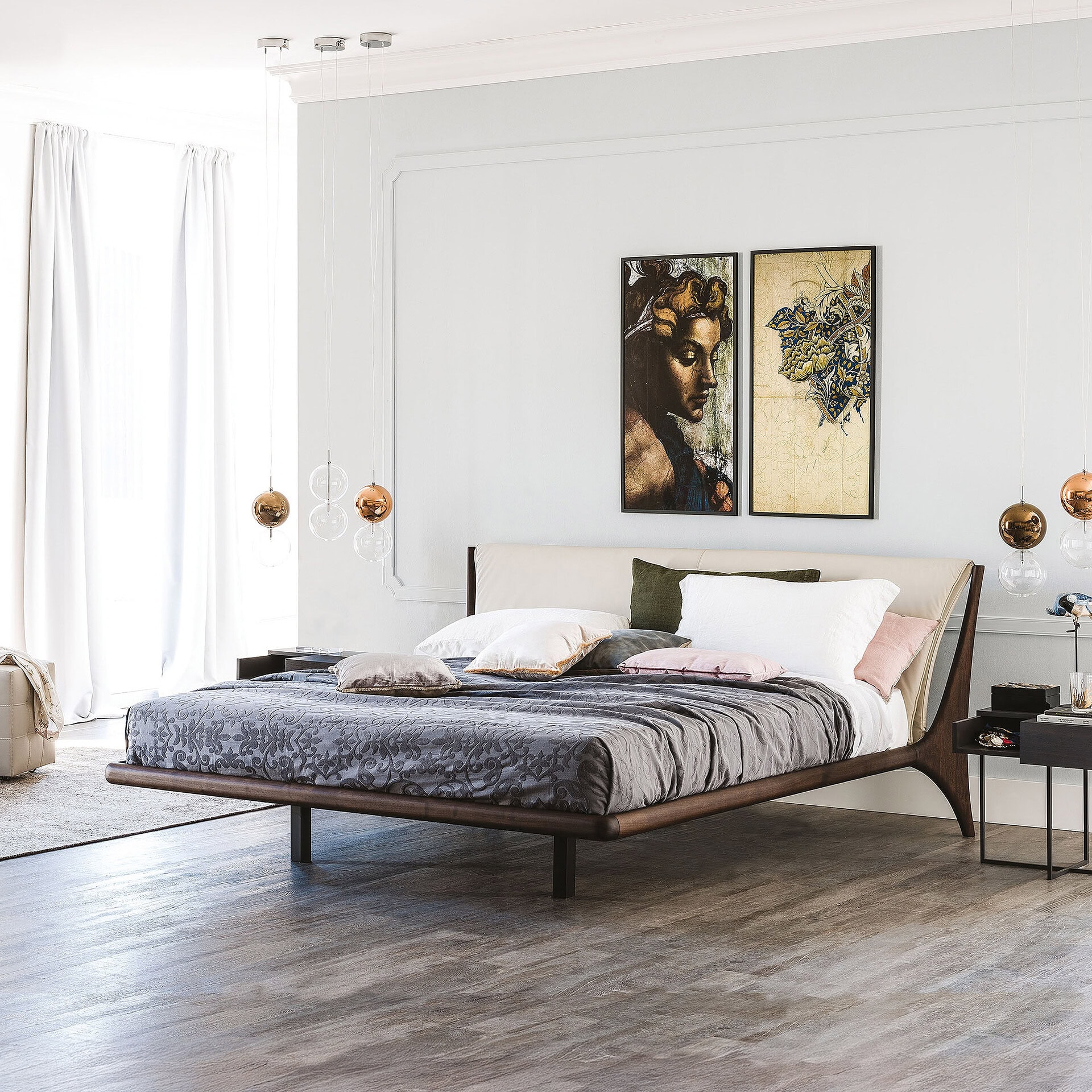 Nelson Wood Frame Upholstered Bed in gray fabric with walnut frame, styled in a bright bedroom with artwork above the headboard.