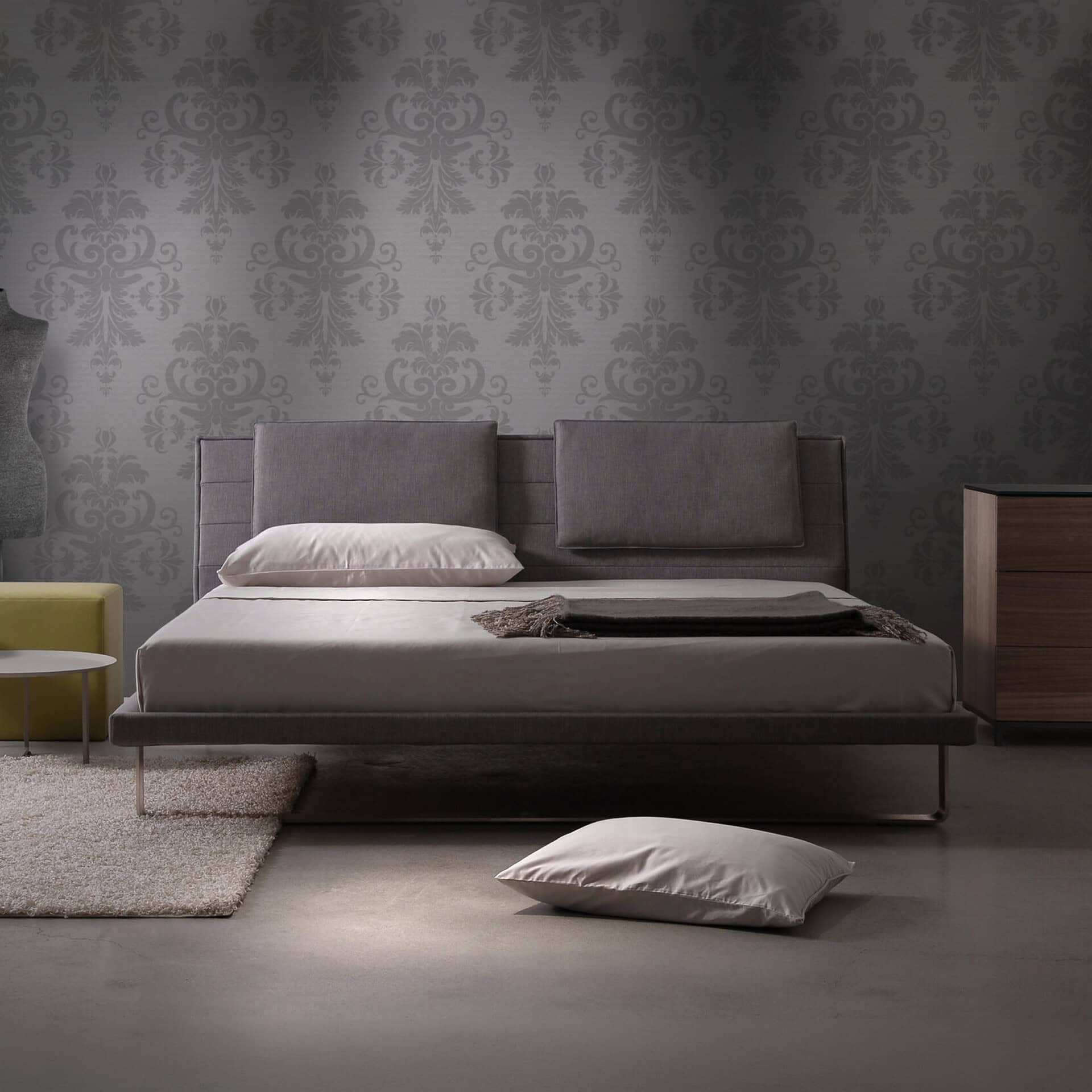 Envy upholstered platform bed with modern design and gray fabric finish. Perfect for contemporary be.