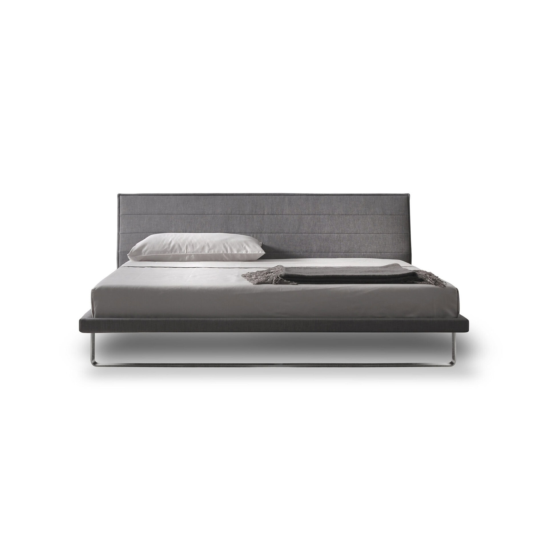 Elegant gray upholstered platform bed with sleek design and modern style. Perfect for contemporary b.
