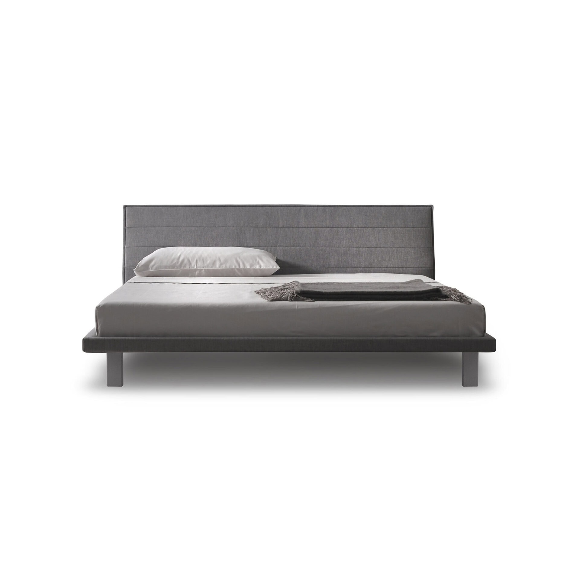 Elegant gray upholstered platform bed with a modern design. Perfect for contemporary bedrooms and st.