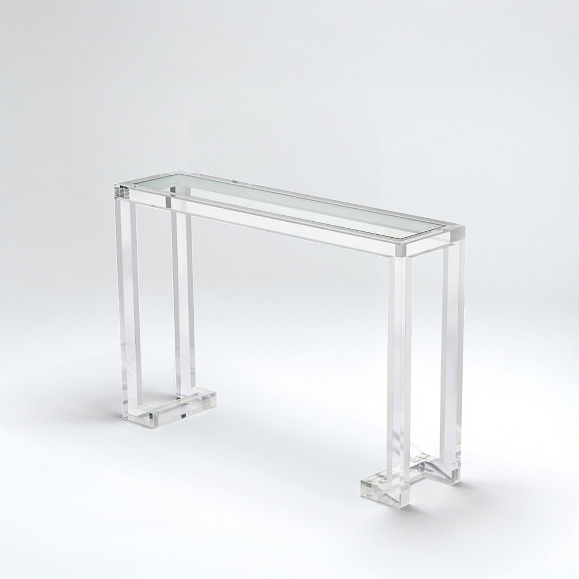Acrylic console table with sleek, transparent design for contemporary interiors.
