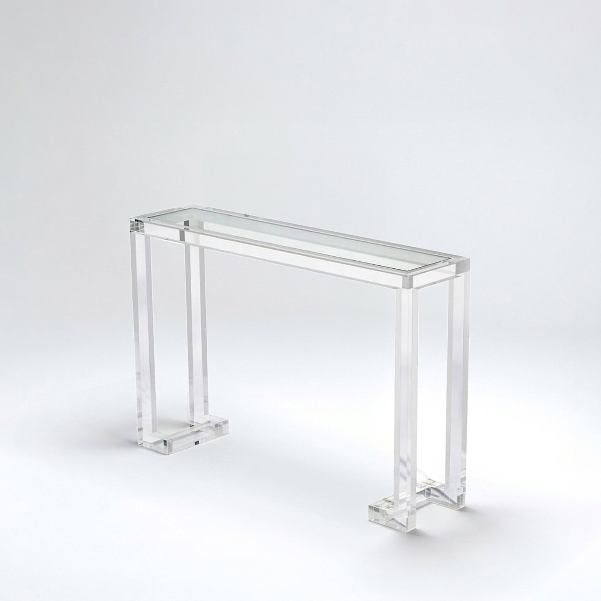 Acrylic console table with sleek, transparent design for contemporary interiors.