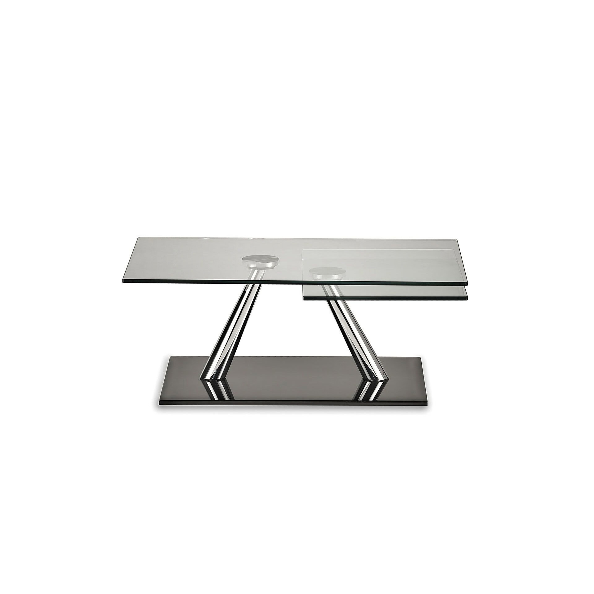 Modern Aqui Motion cocktail table with glass top and unique metal base.