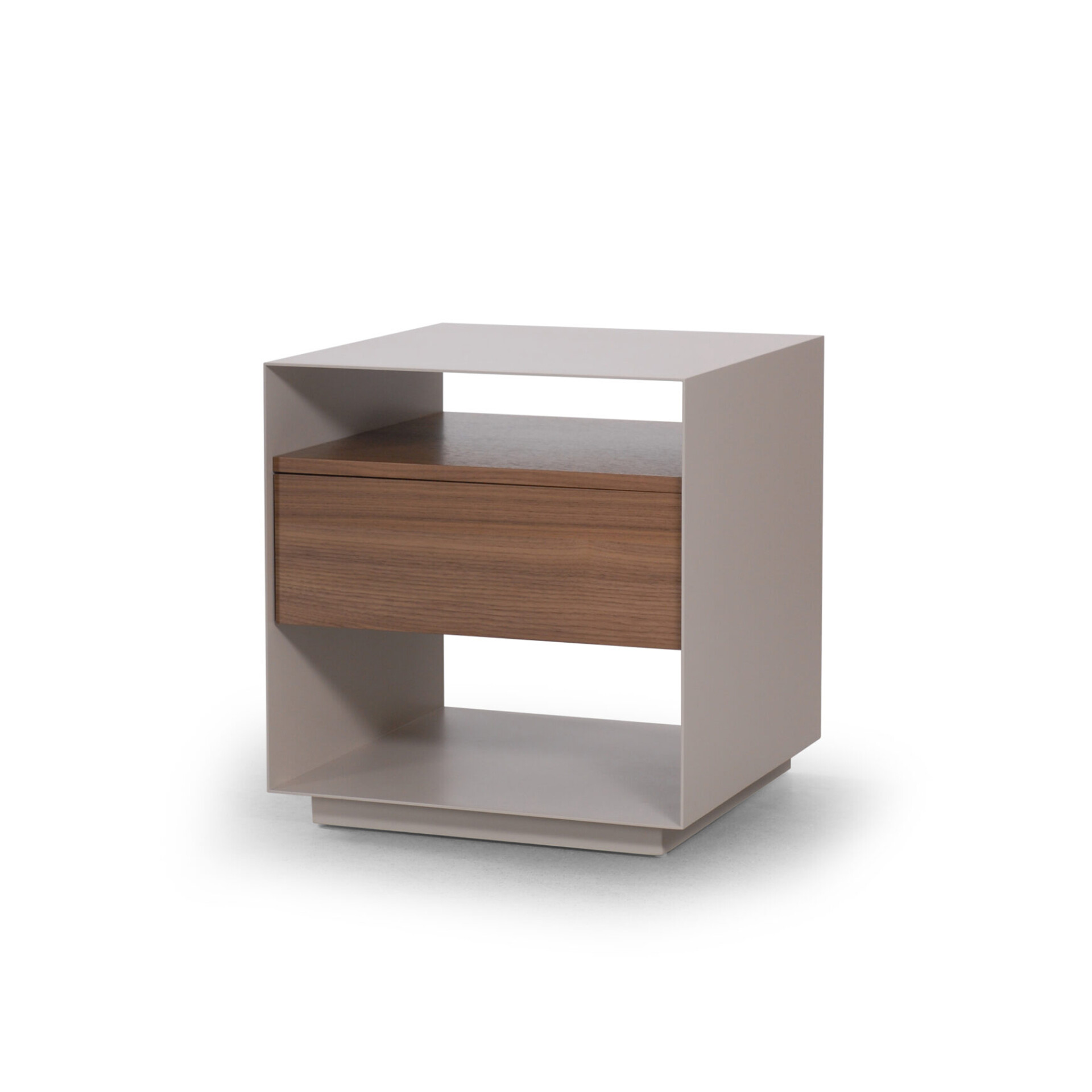 A modern side table with a light taupe frame and a single wooden drawer with a walnut finish, set against a white background.
