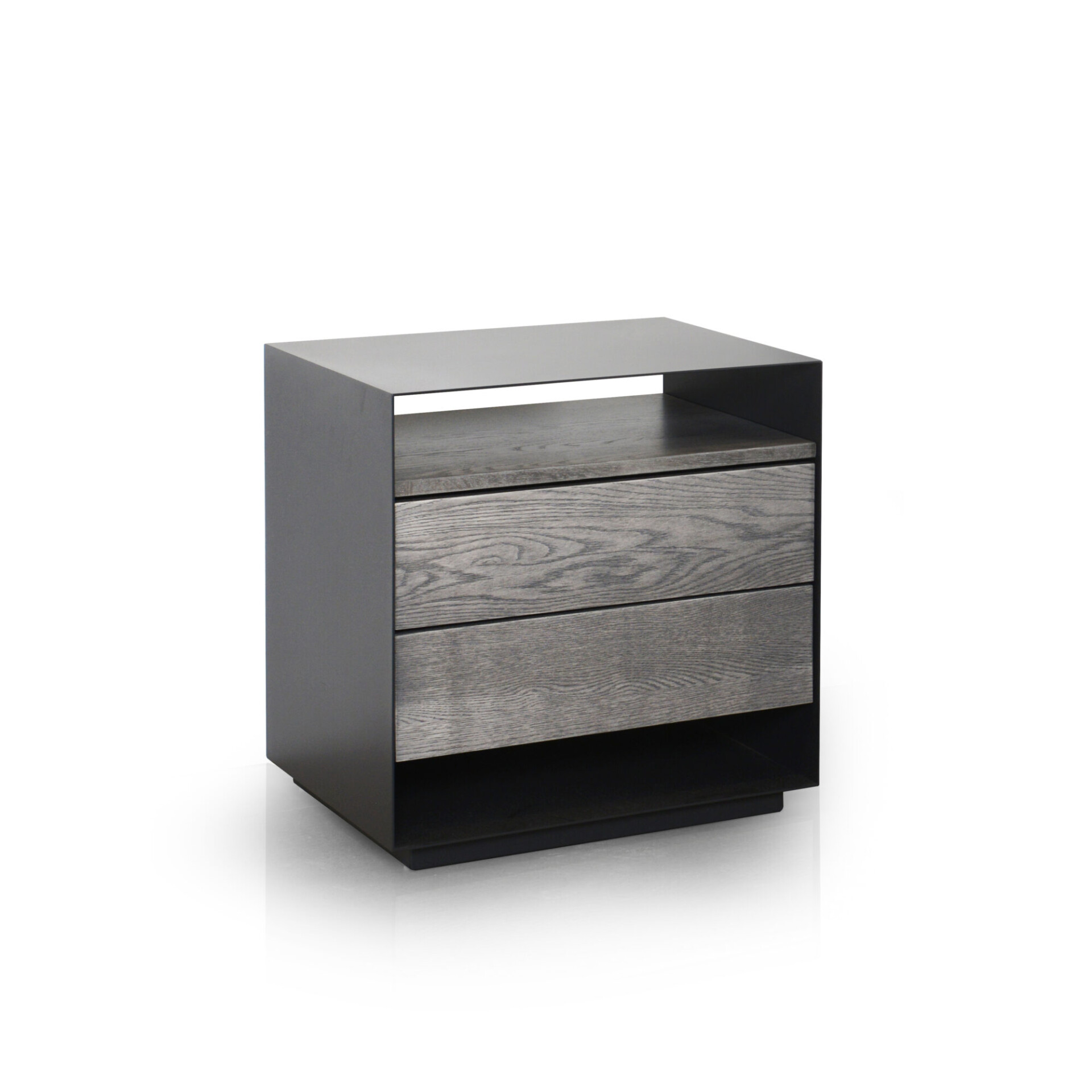 A modern dark gray nightstand with two weathered gray wood grain drawers and an open shelf, set against a white background.