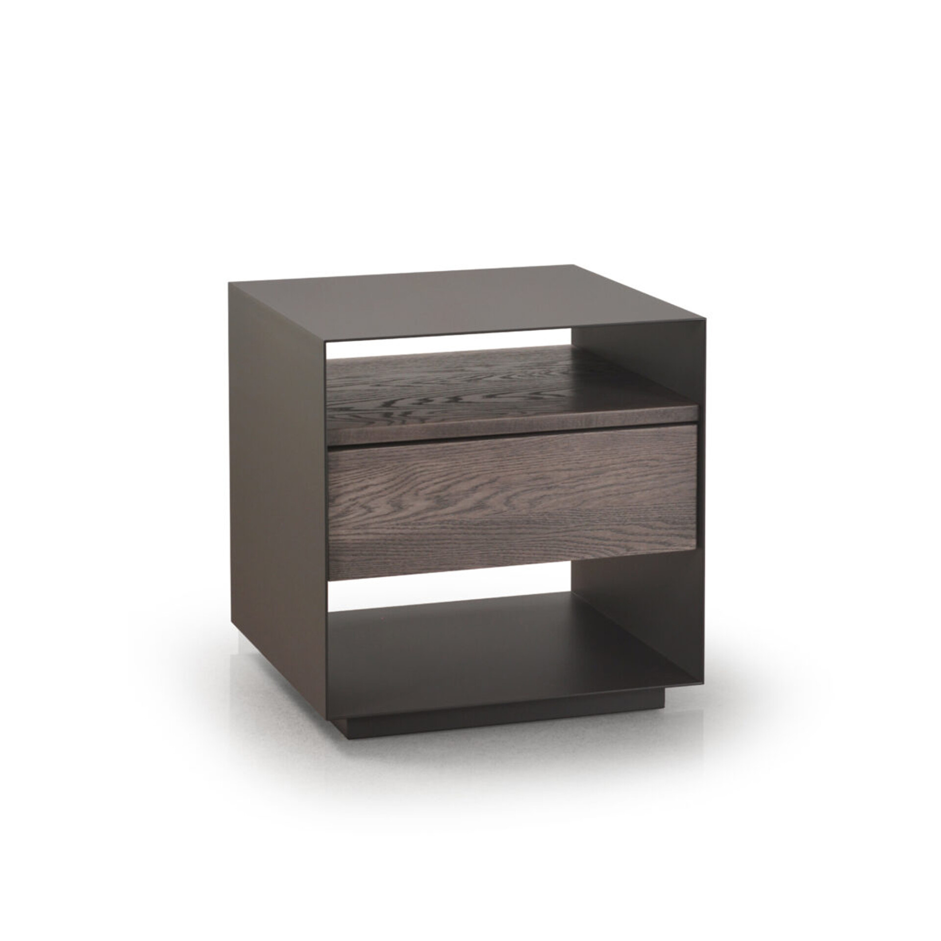 A modern dark gray and dark wood nightstand or side table with a single drawer, set against a white background.