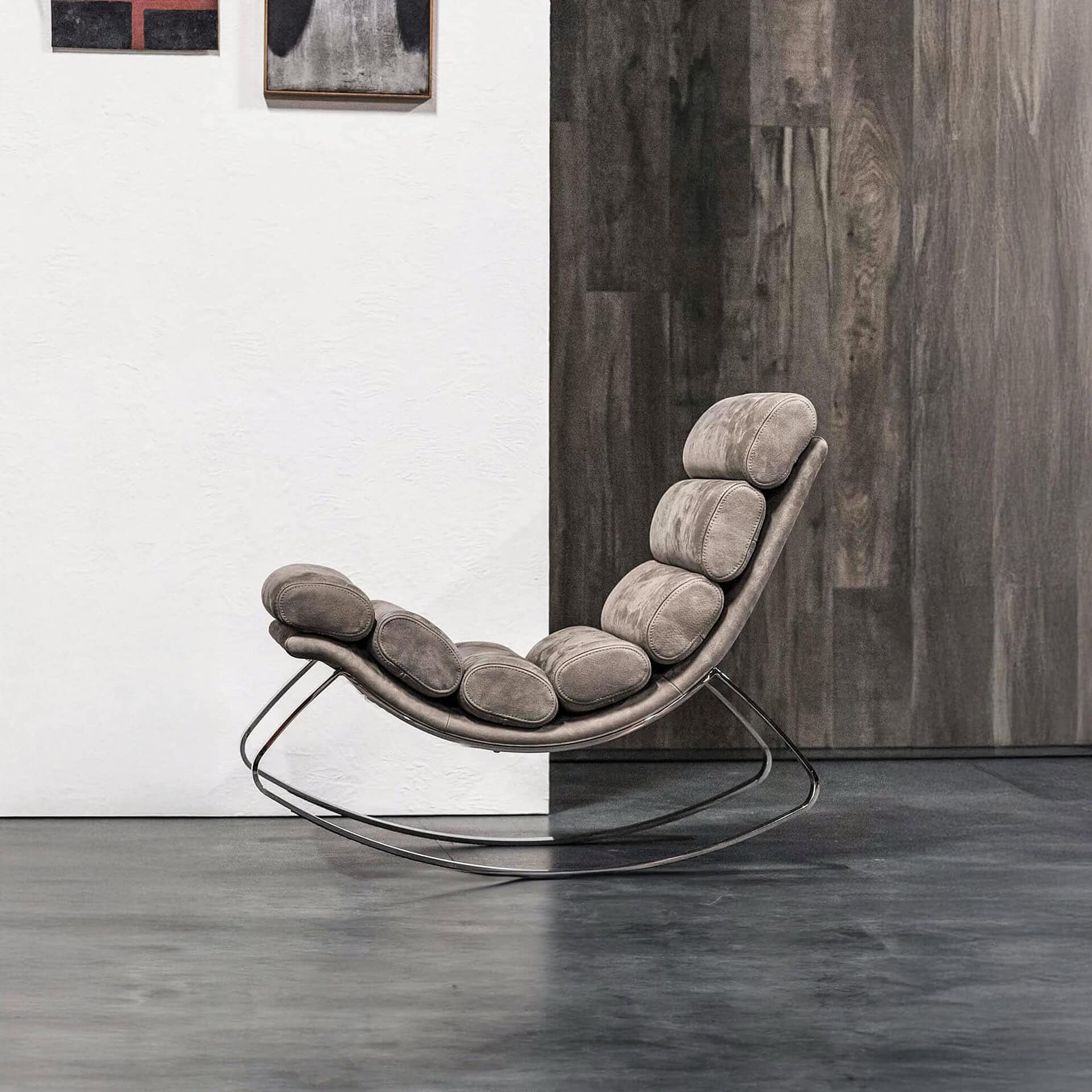 Monet Rocking Chair in taupe leather with chrome base, front angle view