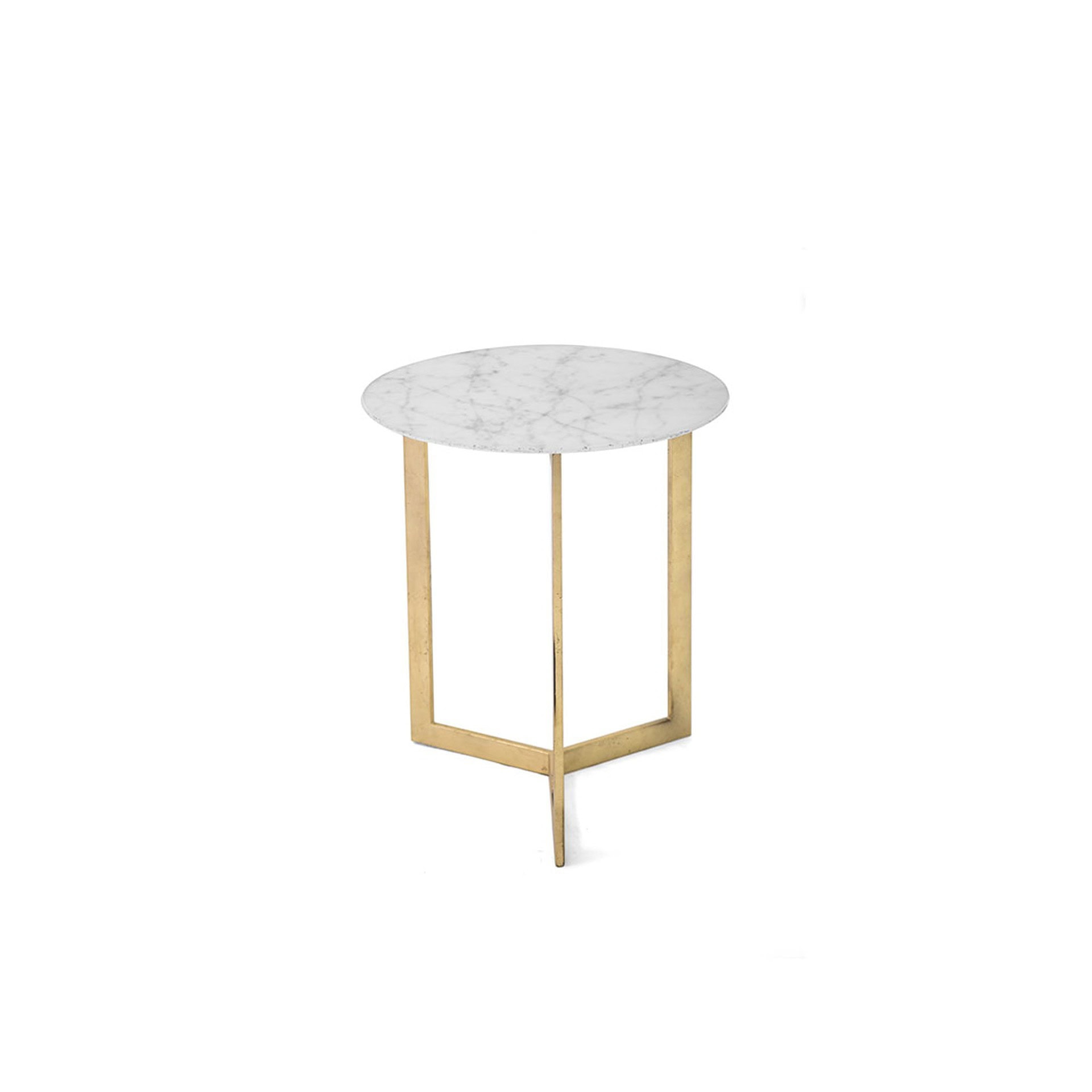 Drei Side Table with clear glass top and gold metal base, front view.