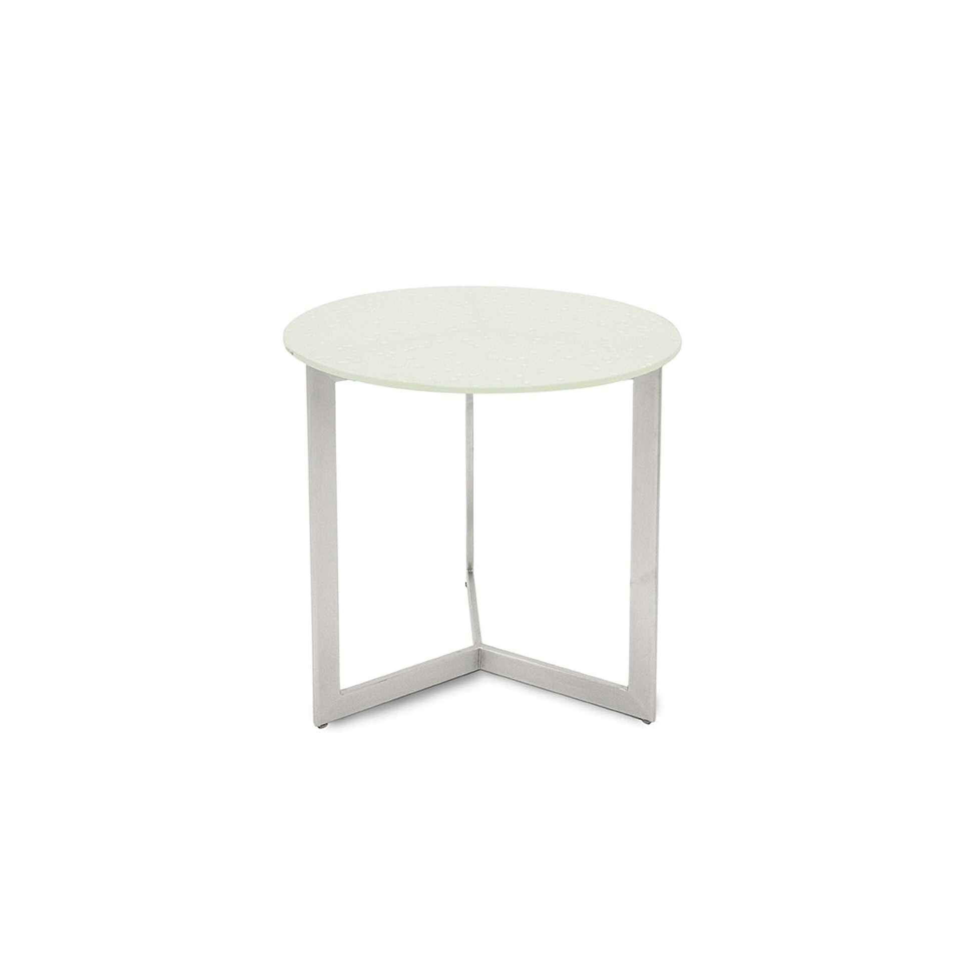 Drei Side Table with white glass top and white metal base, clean cutout view.