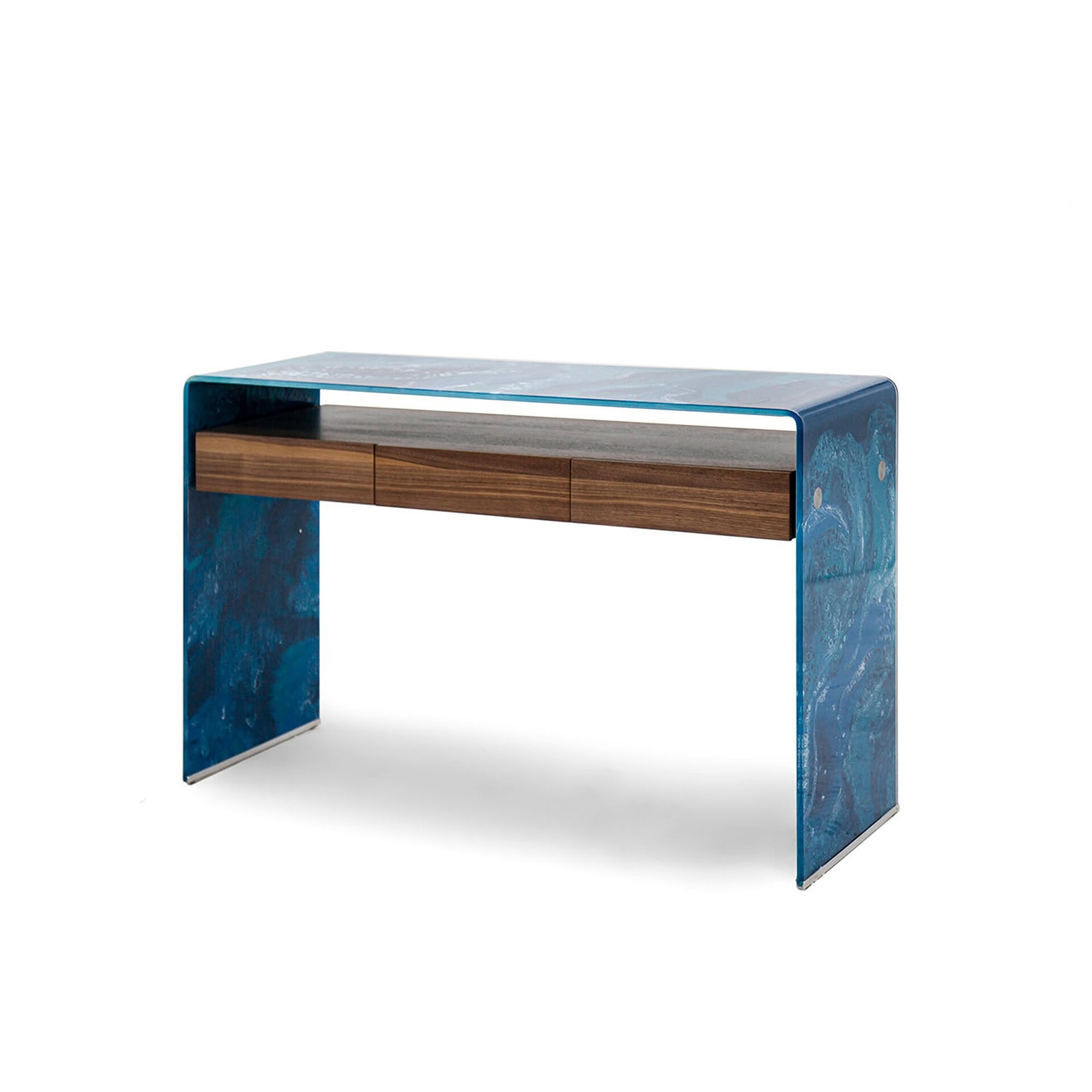 Blue glass Graffetta Console Table with central wood drawer.