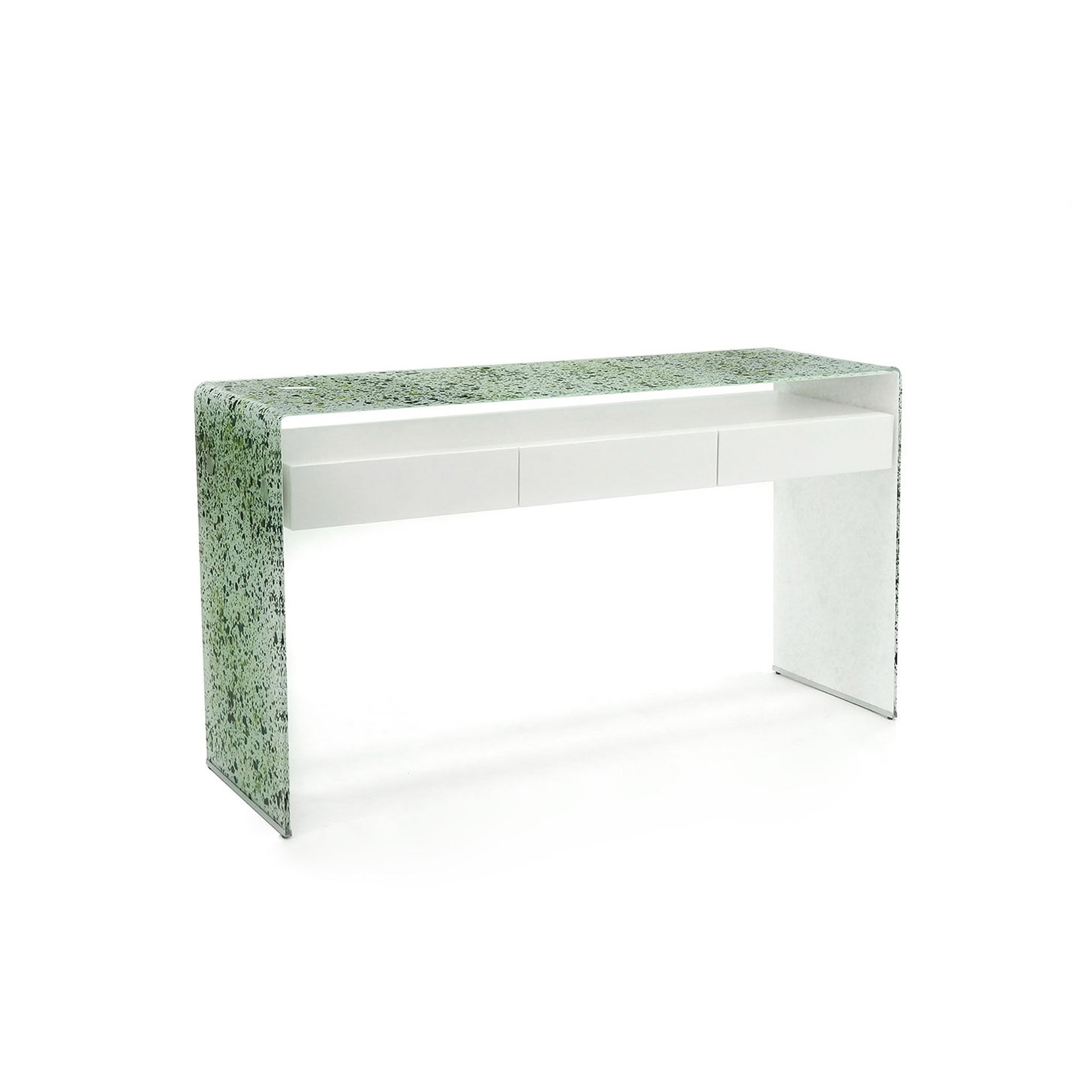 Green glass Graffetta Console Table with wood drawer detail.