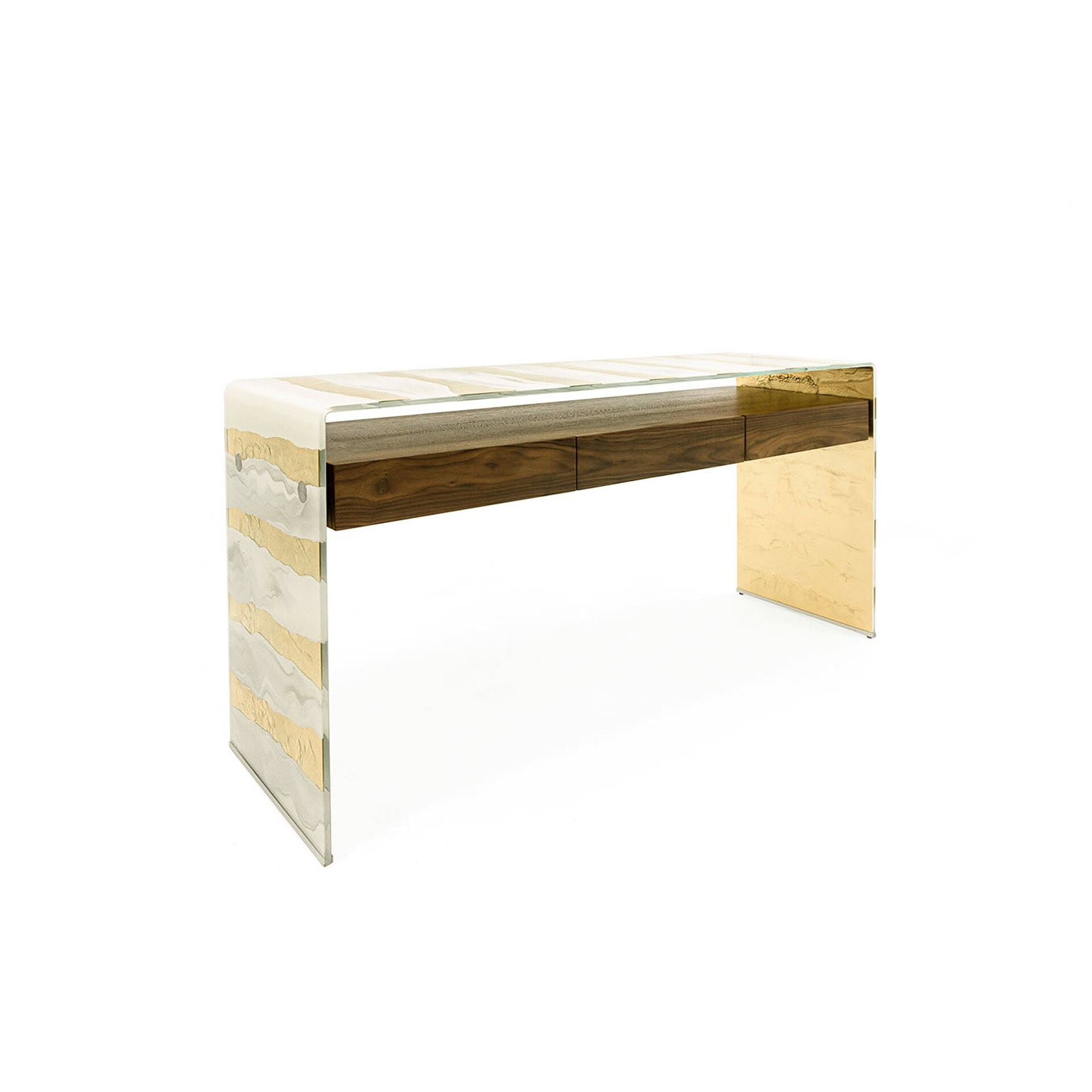 Natural oak drawer Graffetta Console Table with clear glass legs.