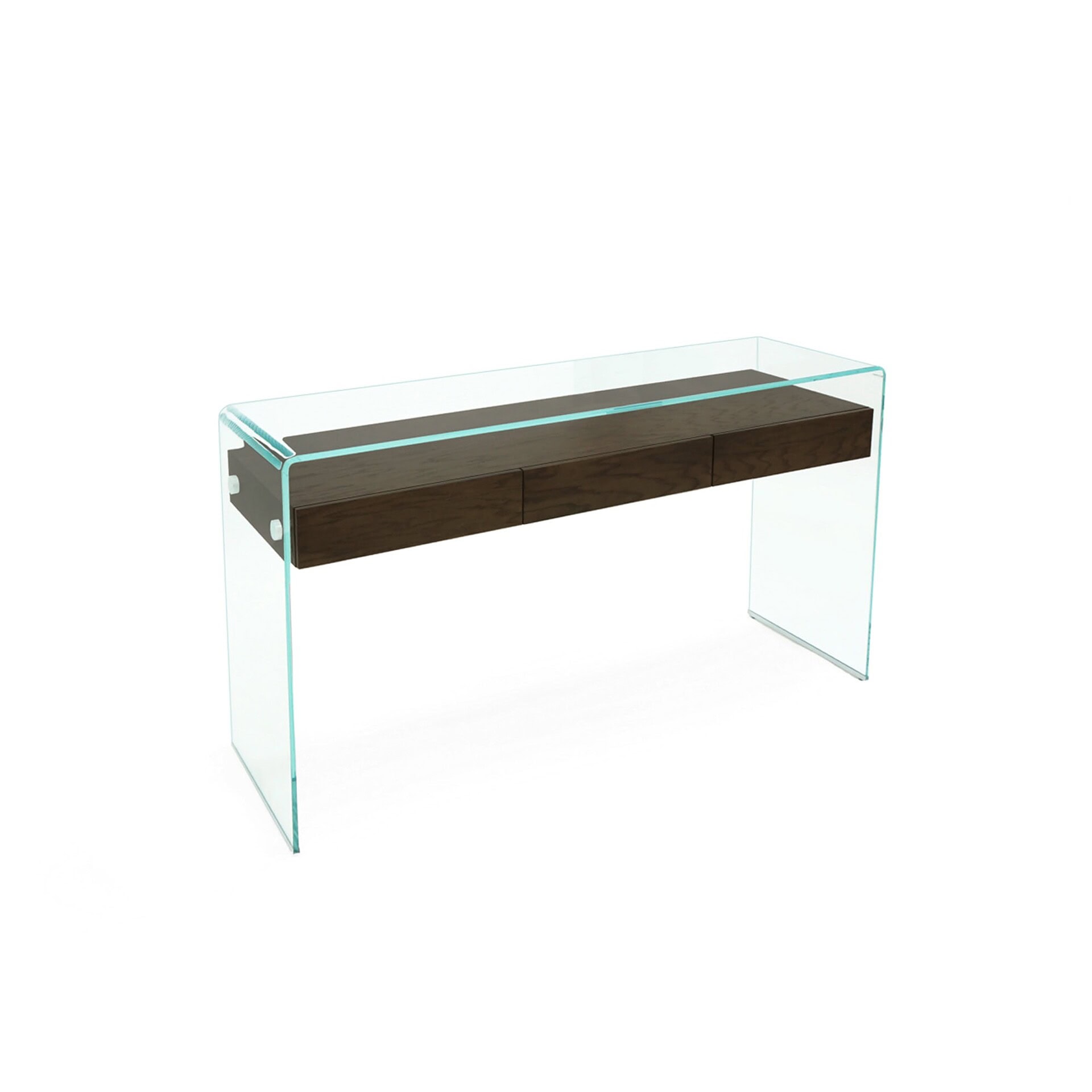 Dark wood Graffetta Console Table with transparent glass base.