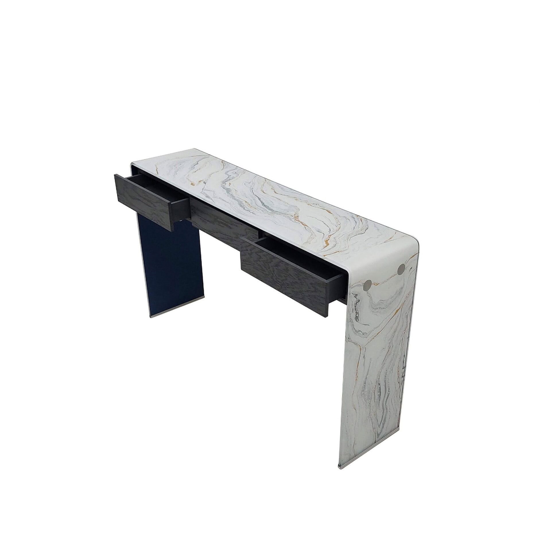 Stone-textured Graffetta Console Table with black drawers.