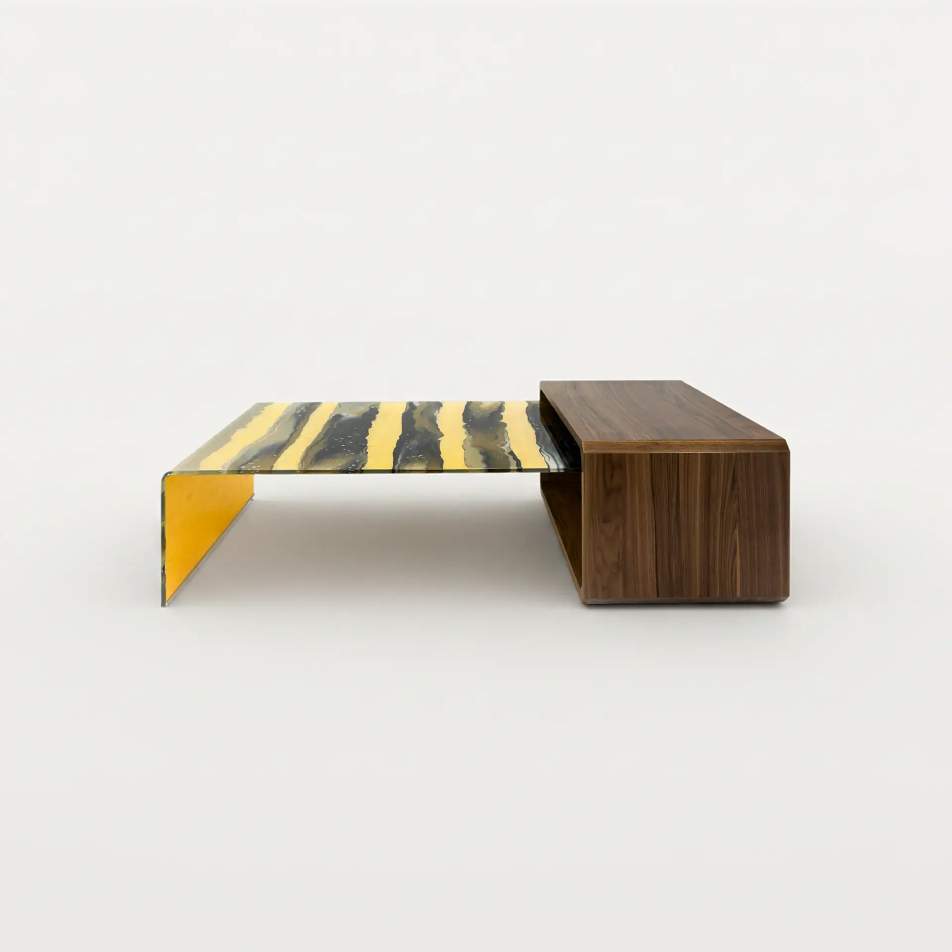 Contemporary wooden coffee table with upholstered top and side storage.