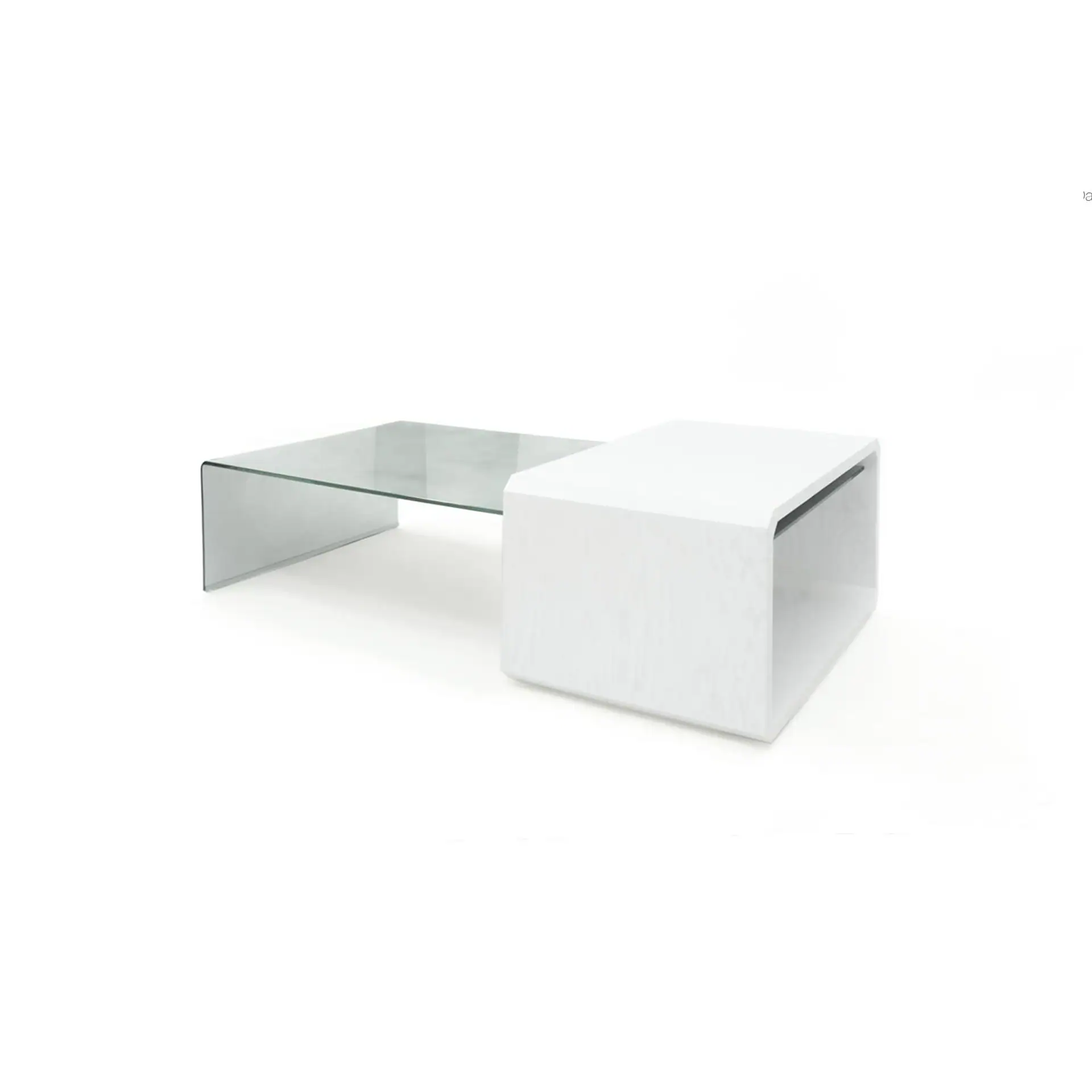 Contemporary white coffee table with sleek, minimalist design and open storage space.