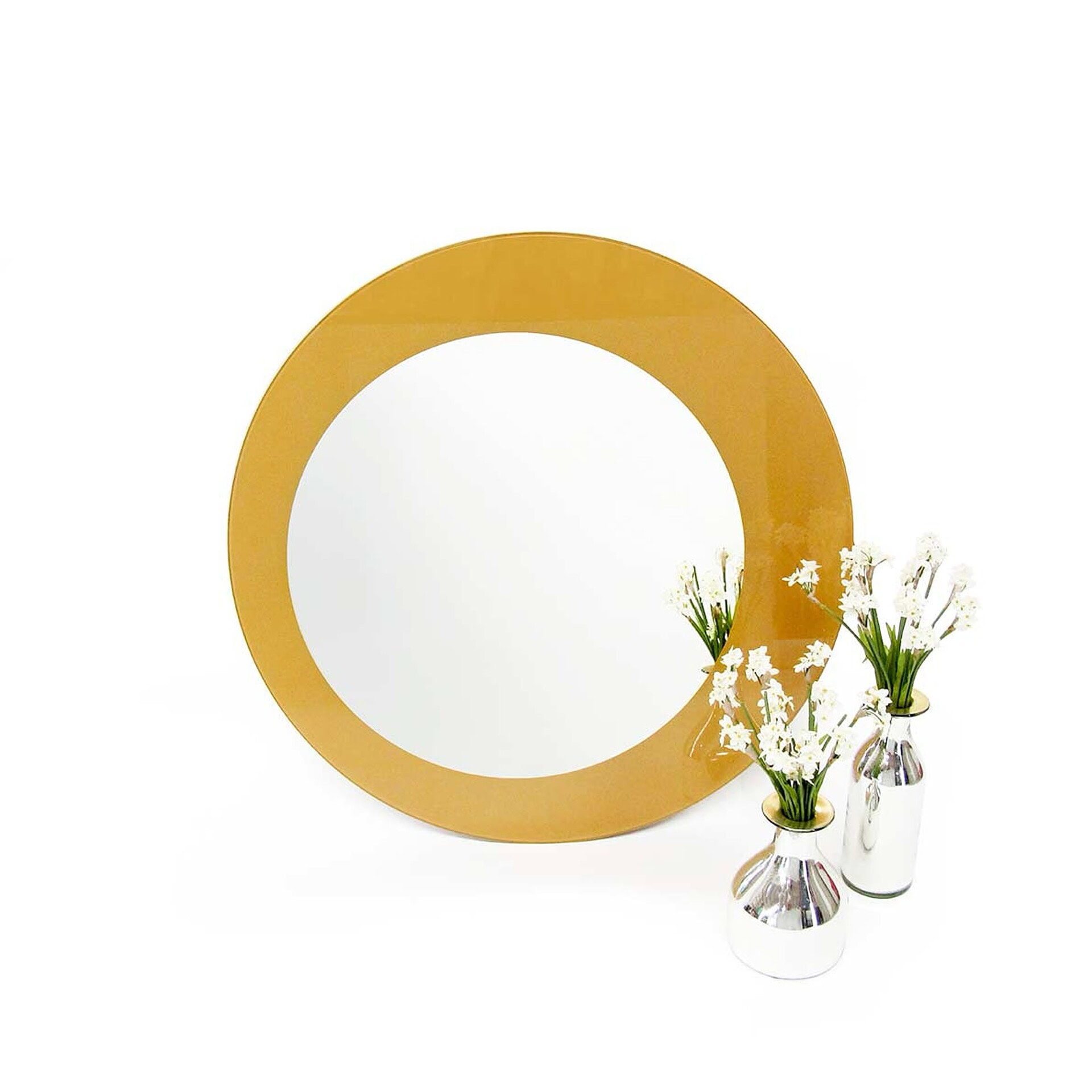 Olio Mirror with golden glass frame, clean cutout view with decorative flowers.