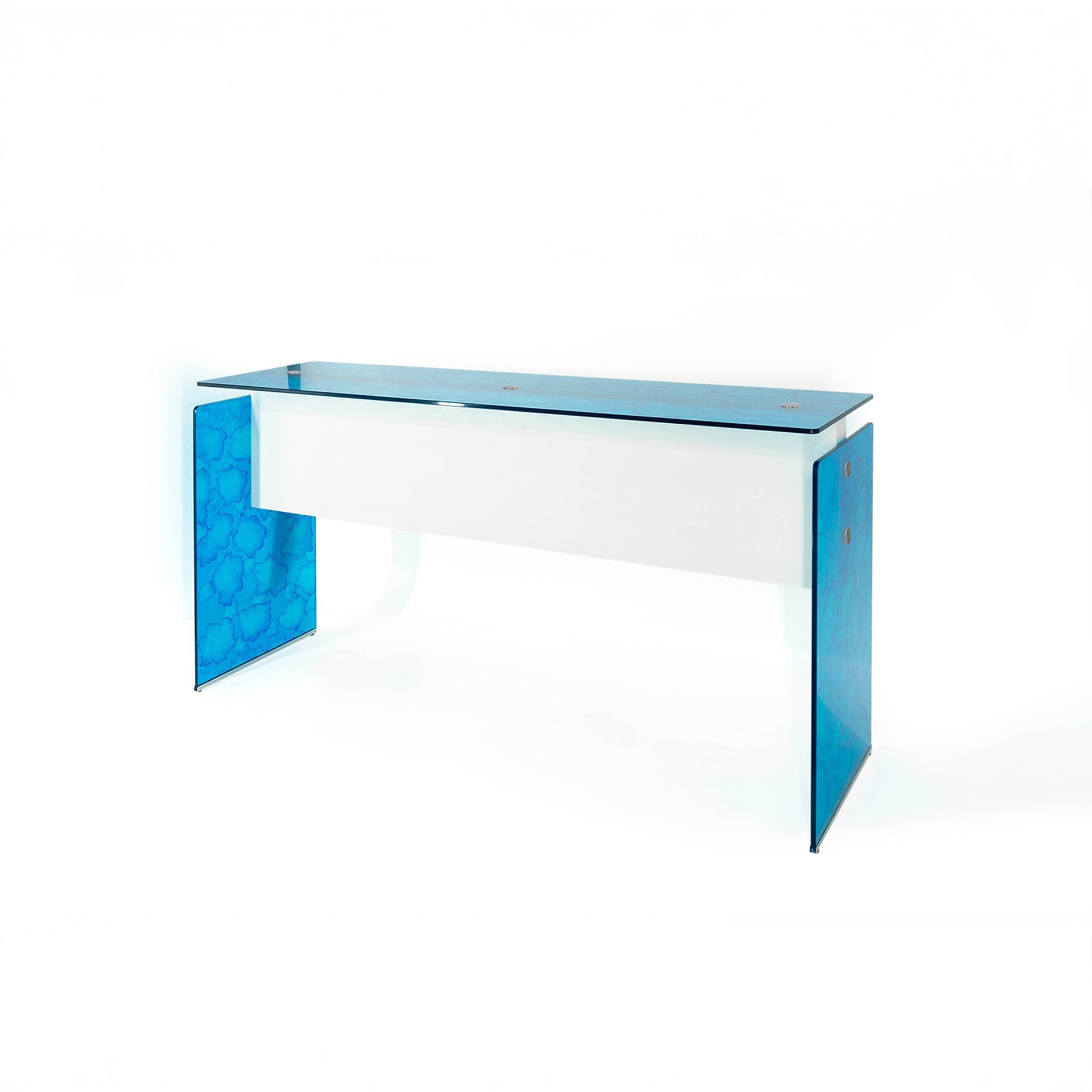 Modern glass-top console table with blue acrylic side panels, sleek white base, and contemporary design.