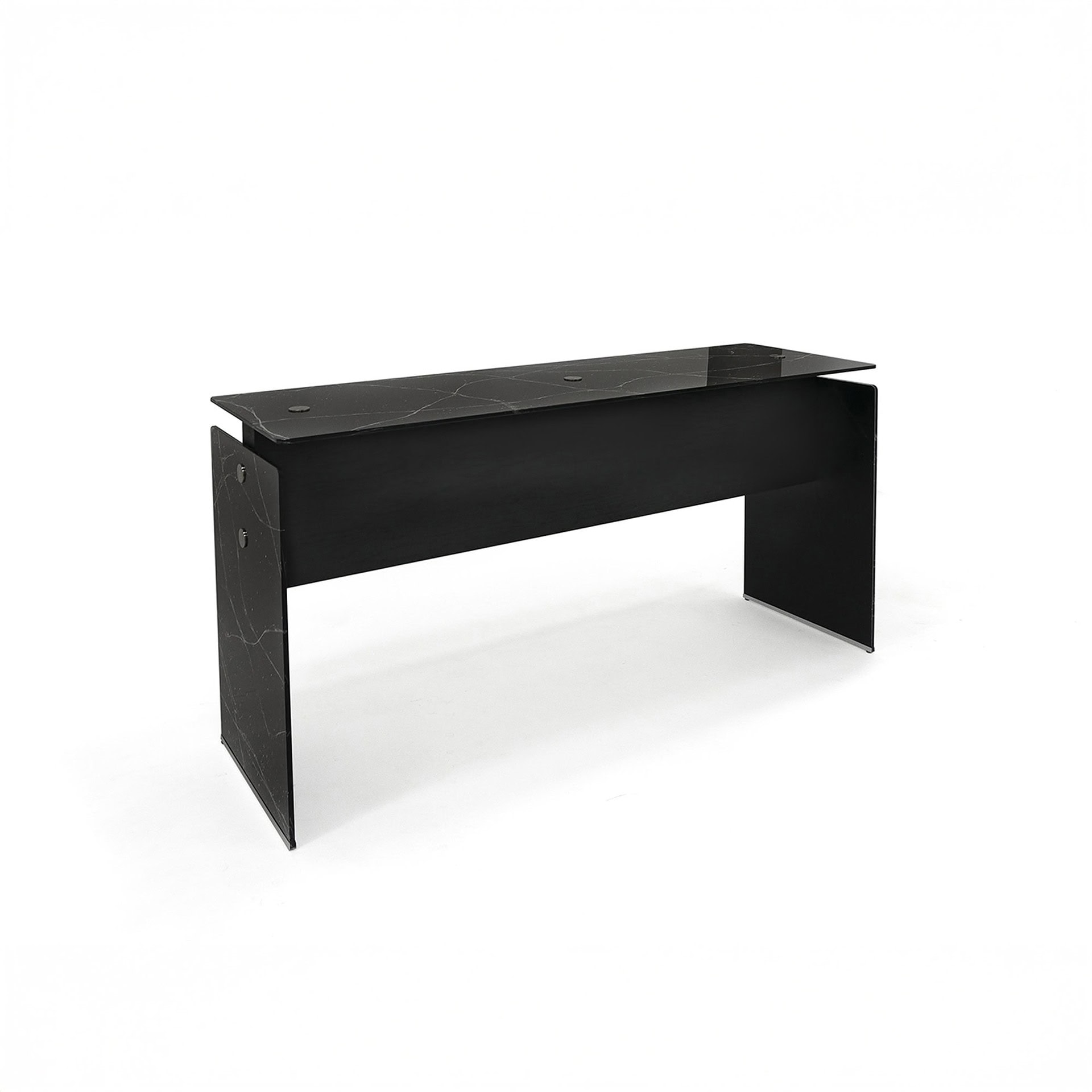 Contemporary black marble and wood reception desk with sleek design.