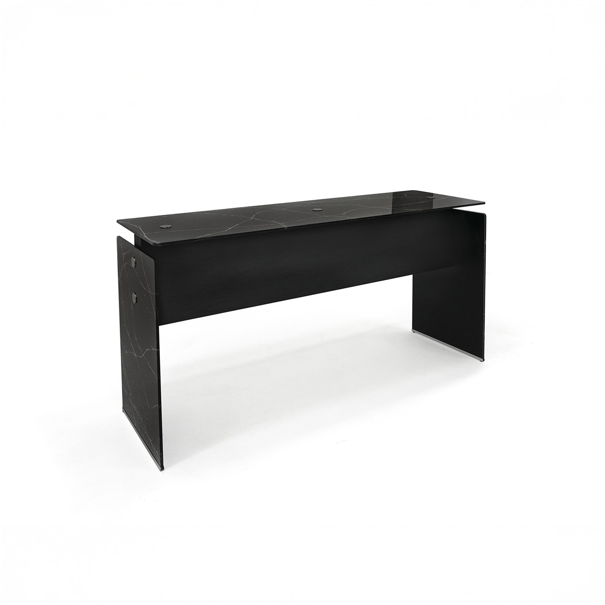 Contemporary black marble and wood reception desk with sleek design.