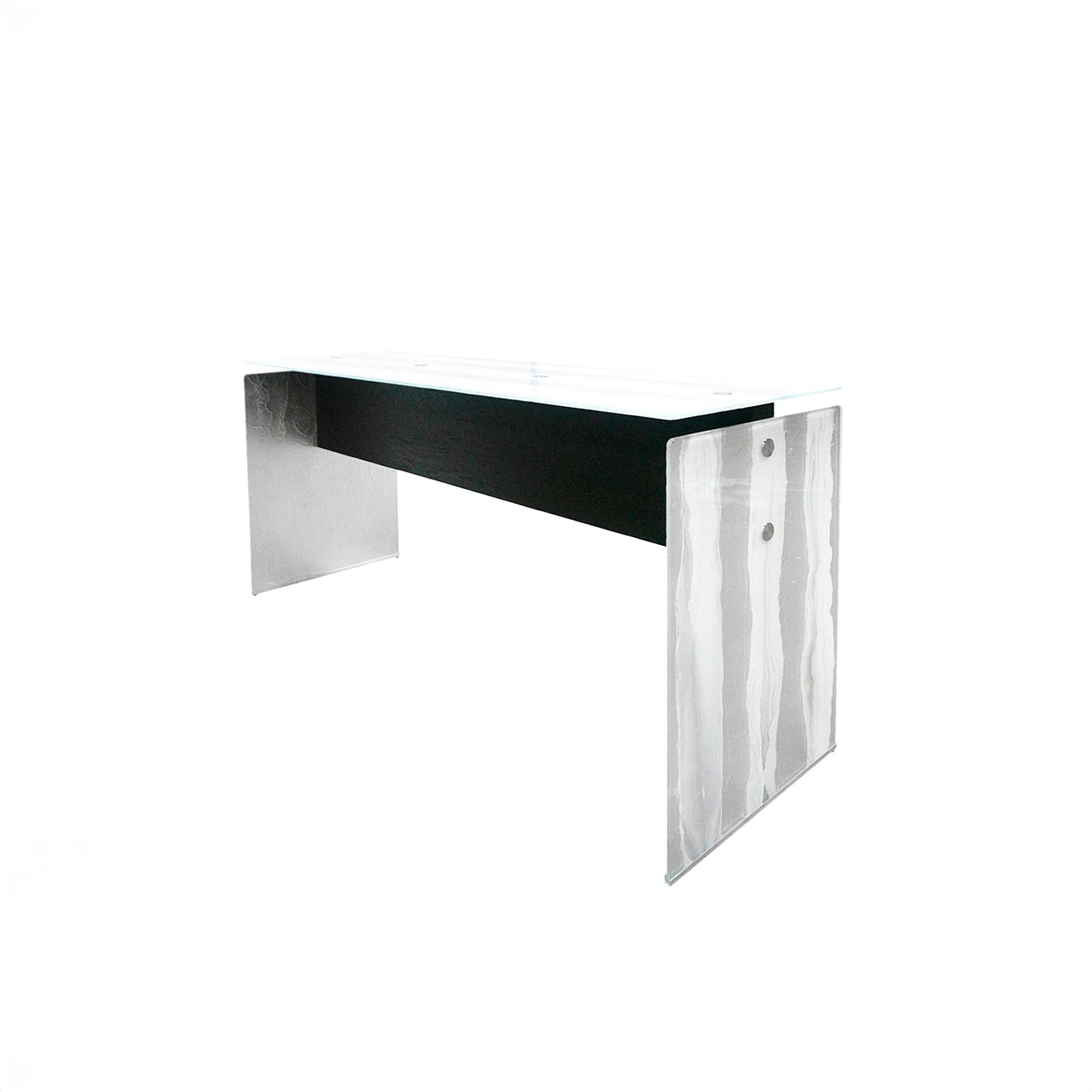 Contemporary glass-top desk with black and marble accents, modern office furniture.