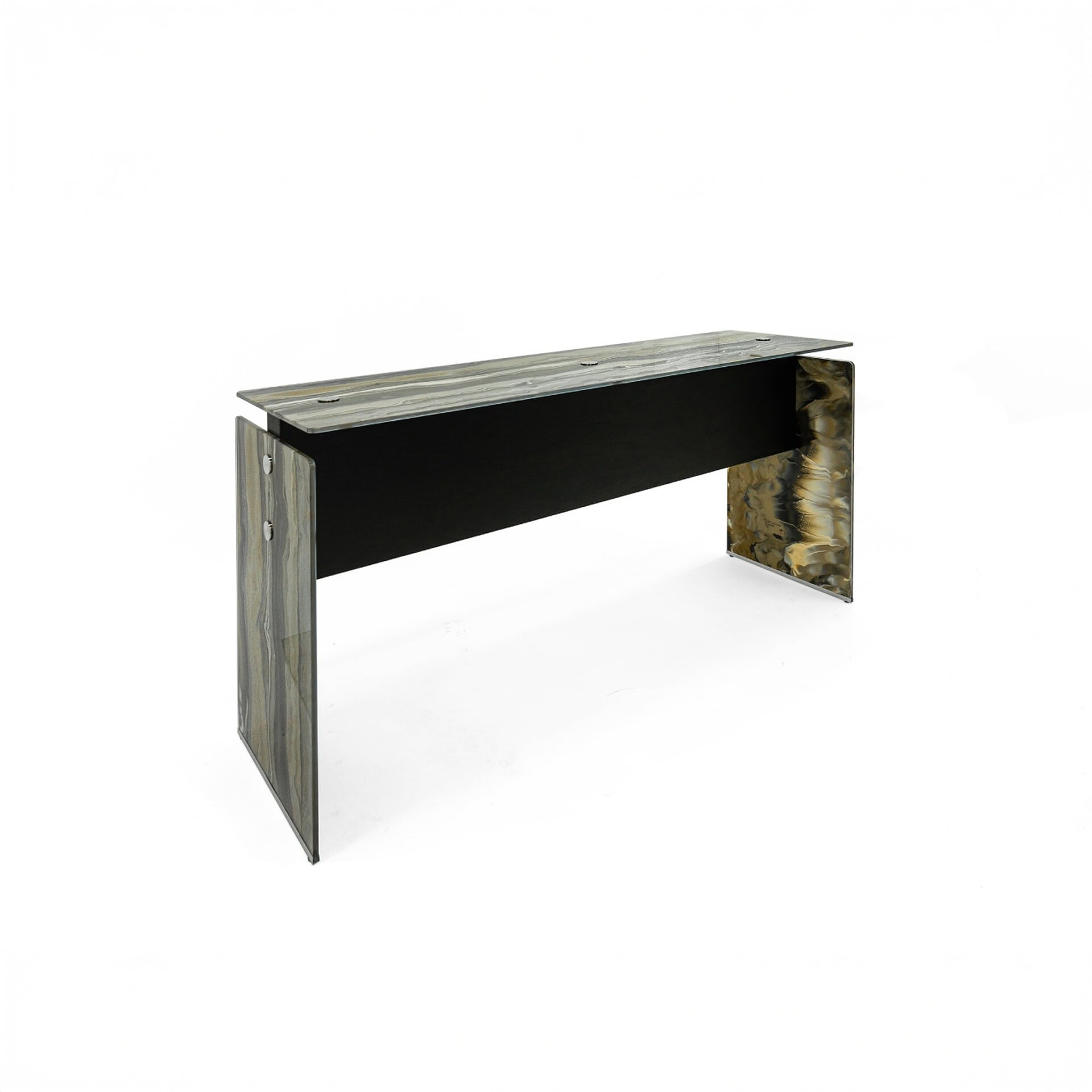 Contemporary marble and black wood console table with unique textured side panels.