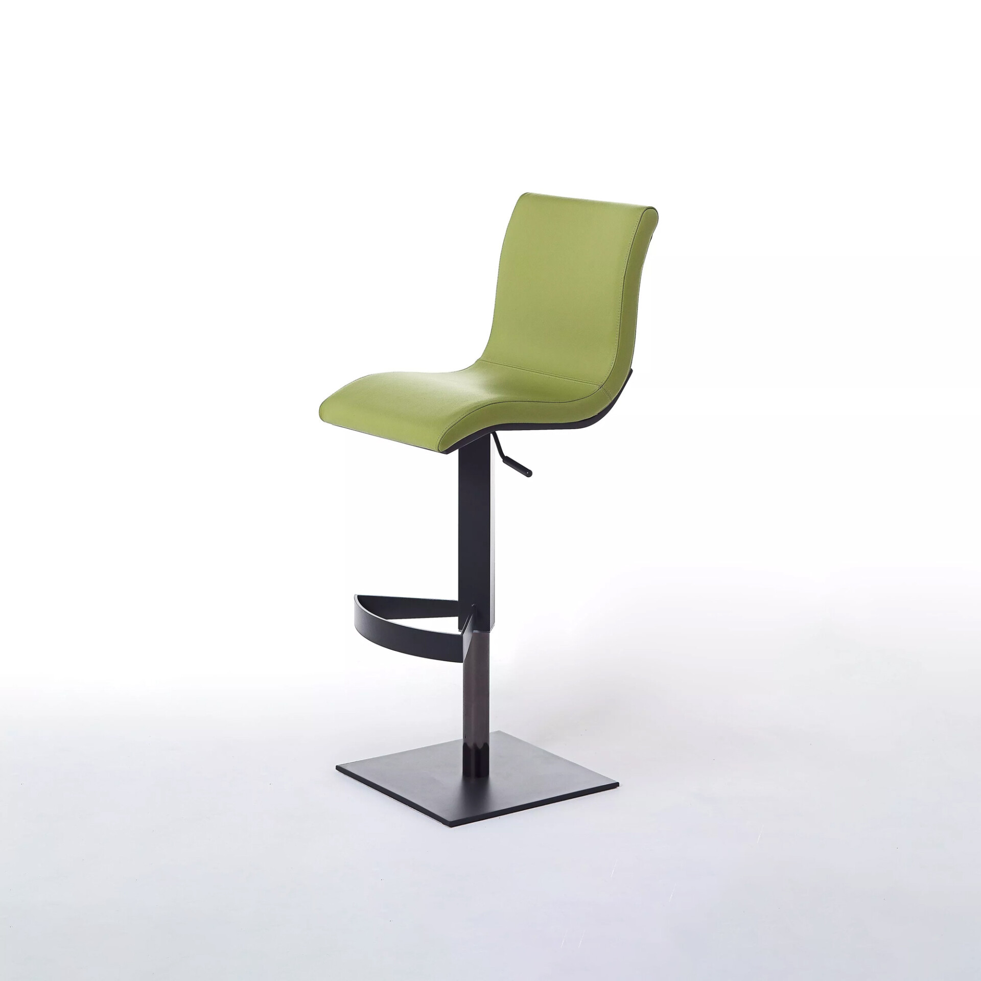 A modern lime green upholstered bar stool with a dark metal square base and footrest, on a white background.