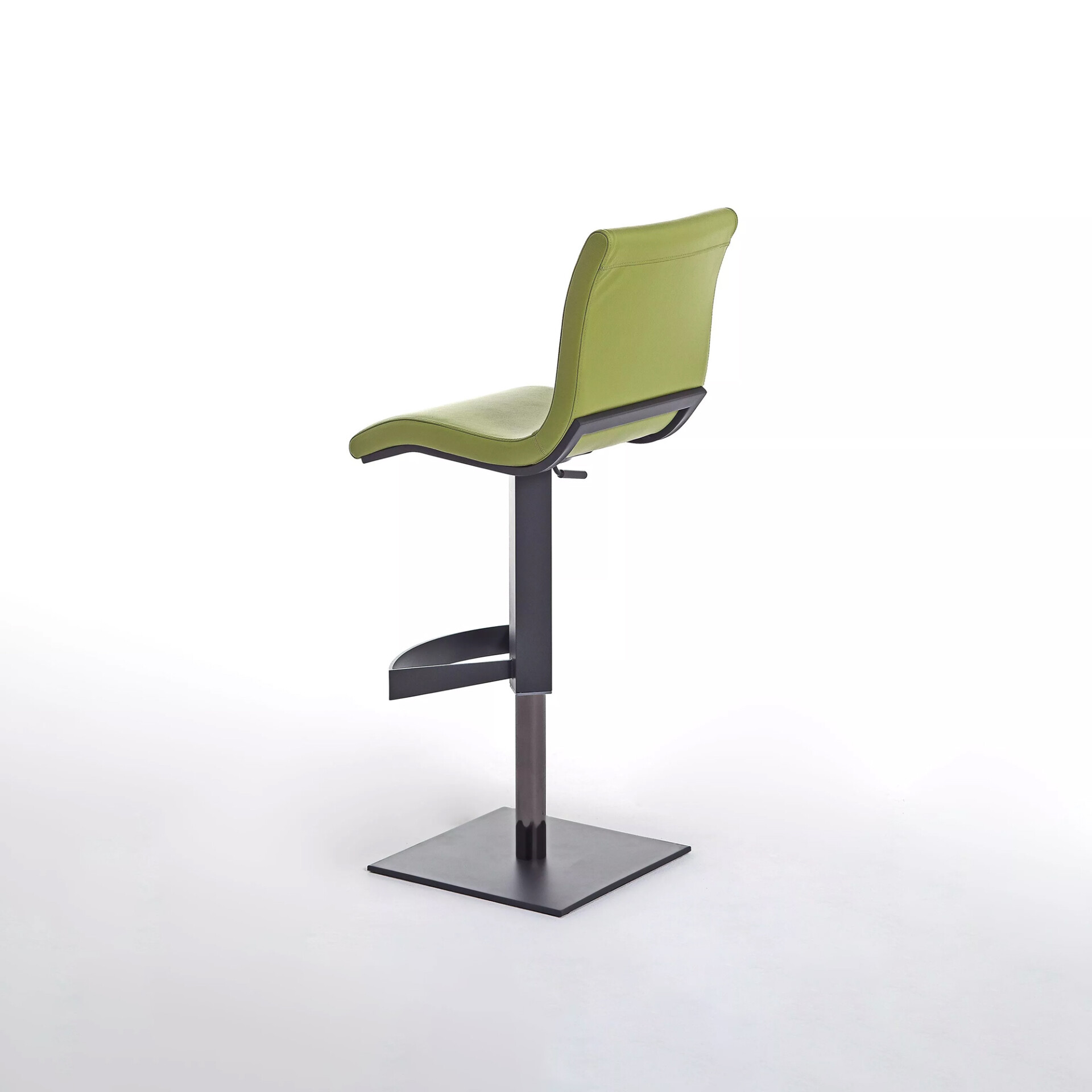 A modern bar stool with a vibrant lime green upholstered seat and backrest, and a dark gray metal frame and square base. The stool is shown from a three-quarter rear view against a white background.