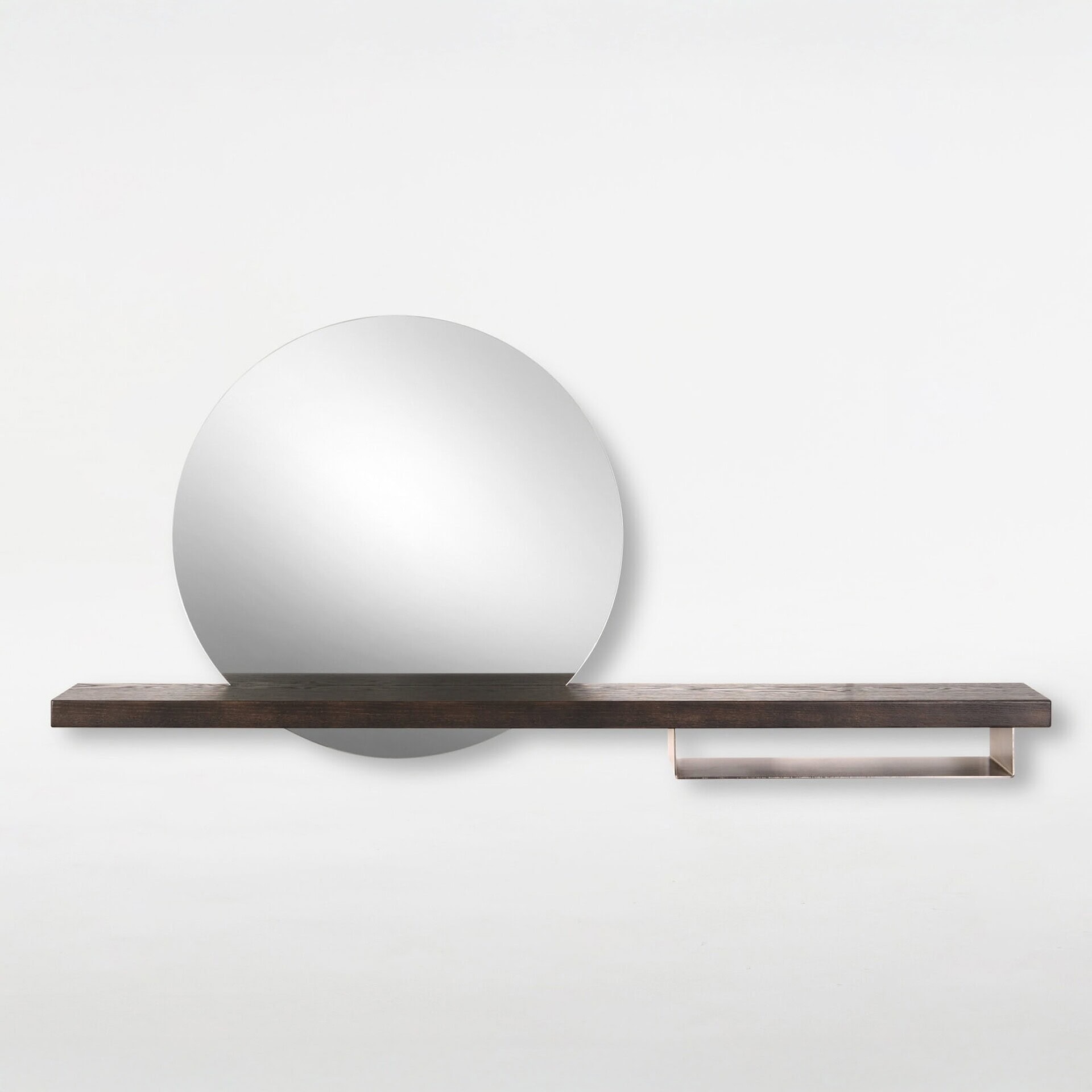 Trica Halo Mirror and Shelf, round wall mirror with fog oak wood shelf, front view on white background