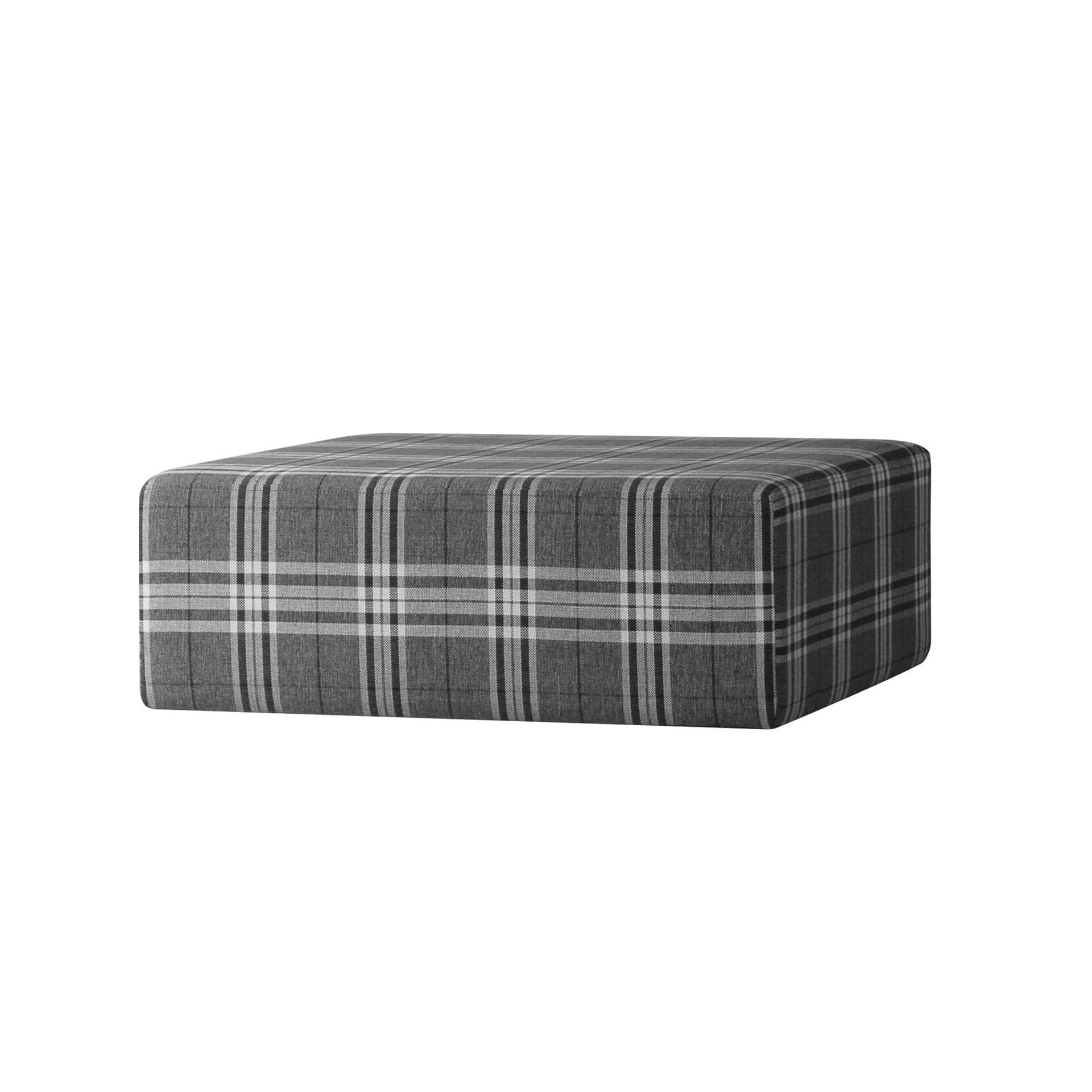 Rectangular plaid-pattern ottoman in shades of gray and black on a white background.