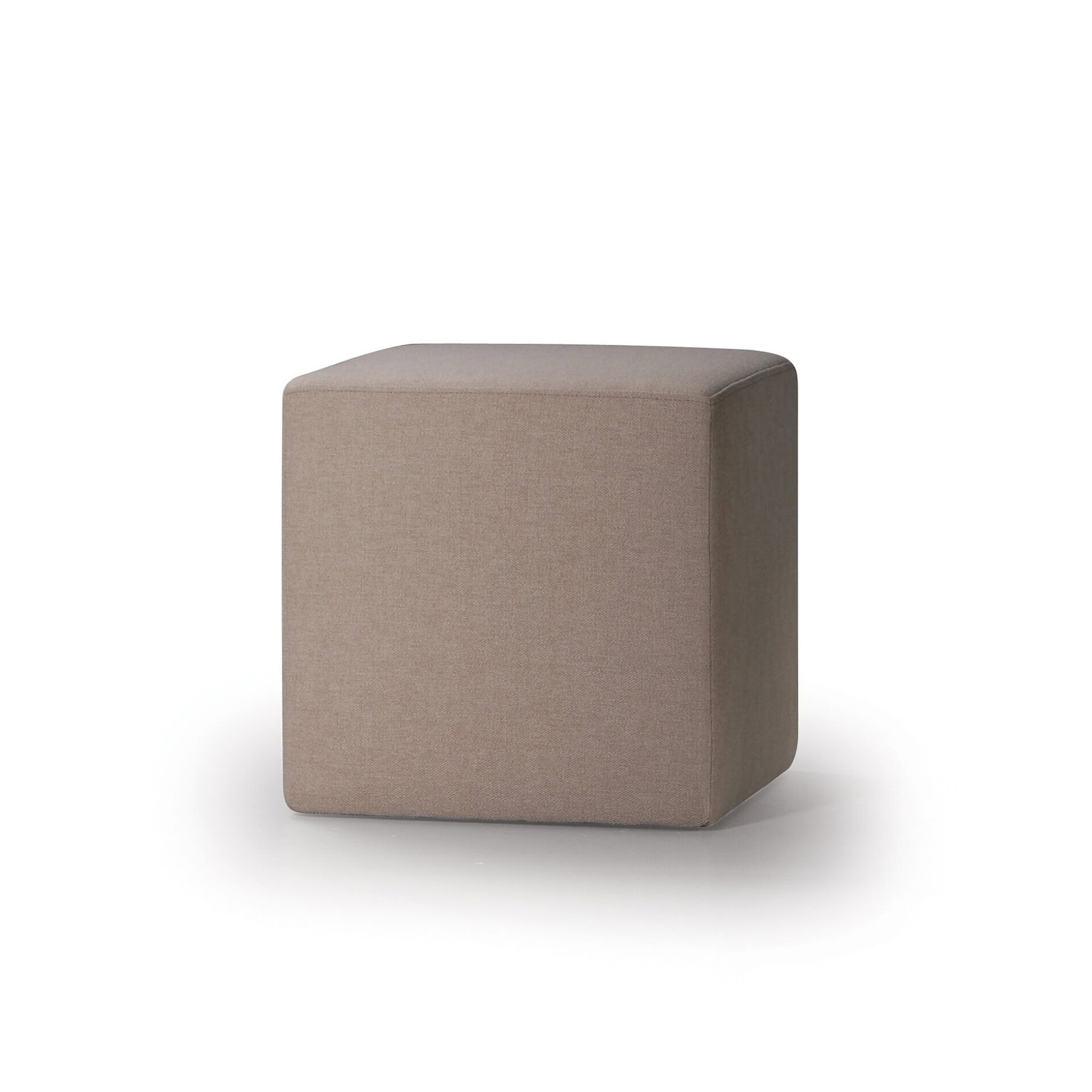 Tall cube ottoman in taupe fabric, photographed on a white background.