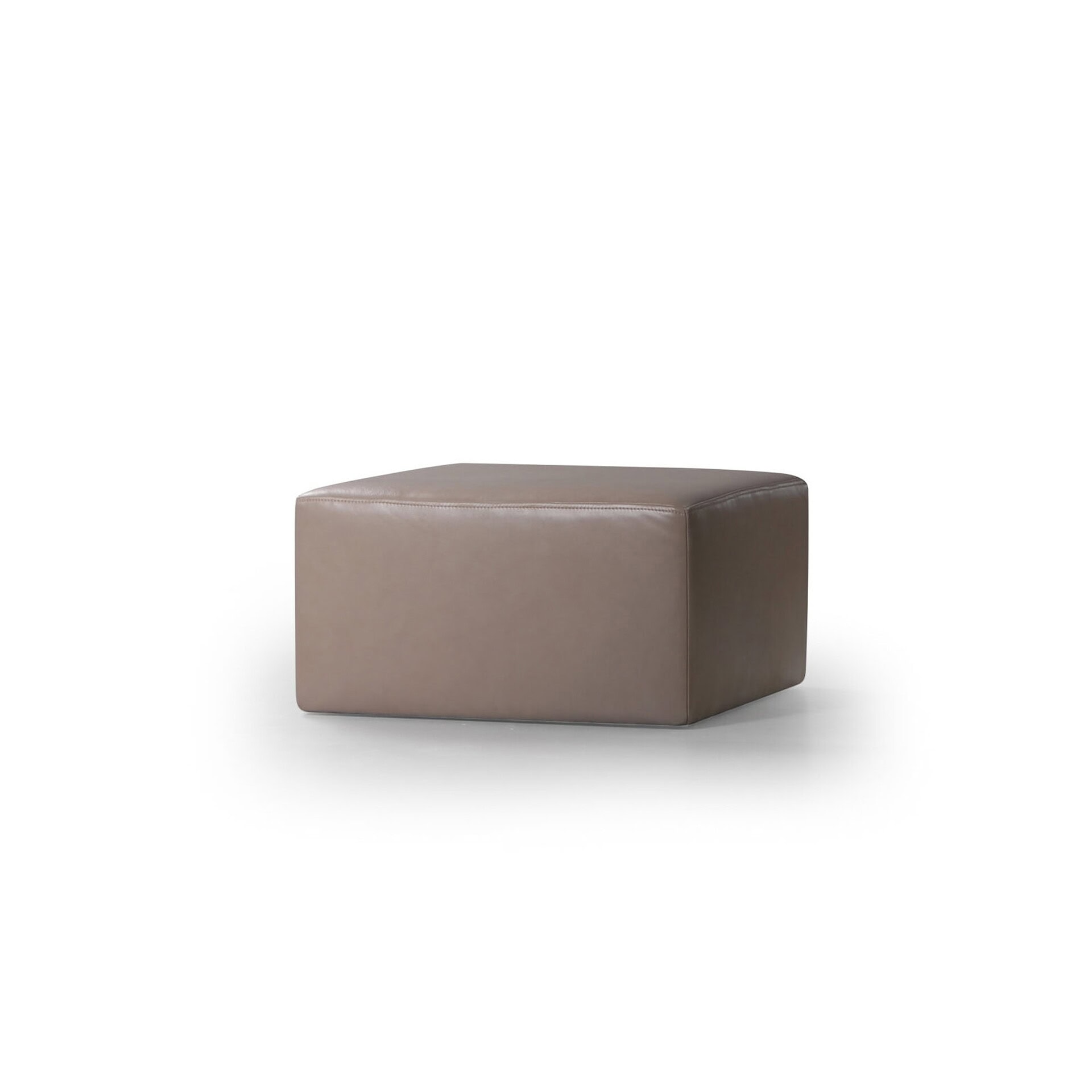 Low rectangular ottoman in taupe leather-look upholstery, set against a white background.
