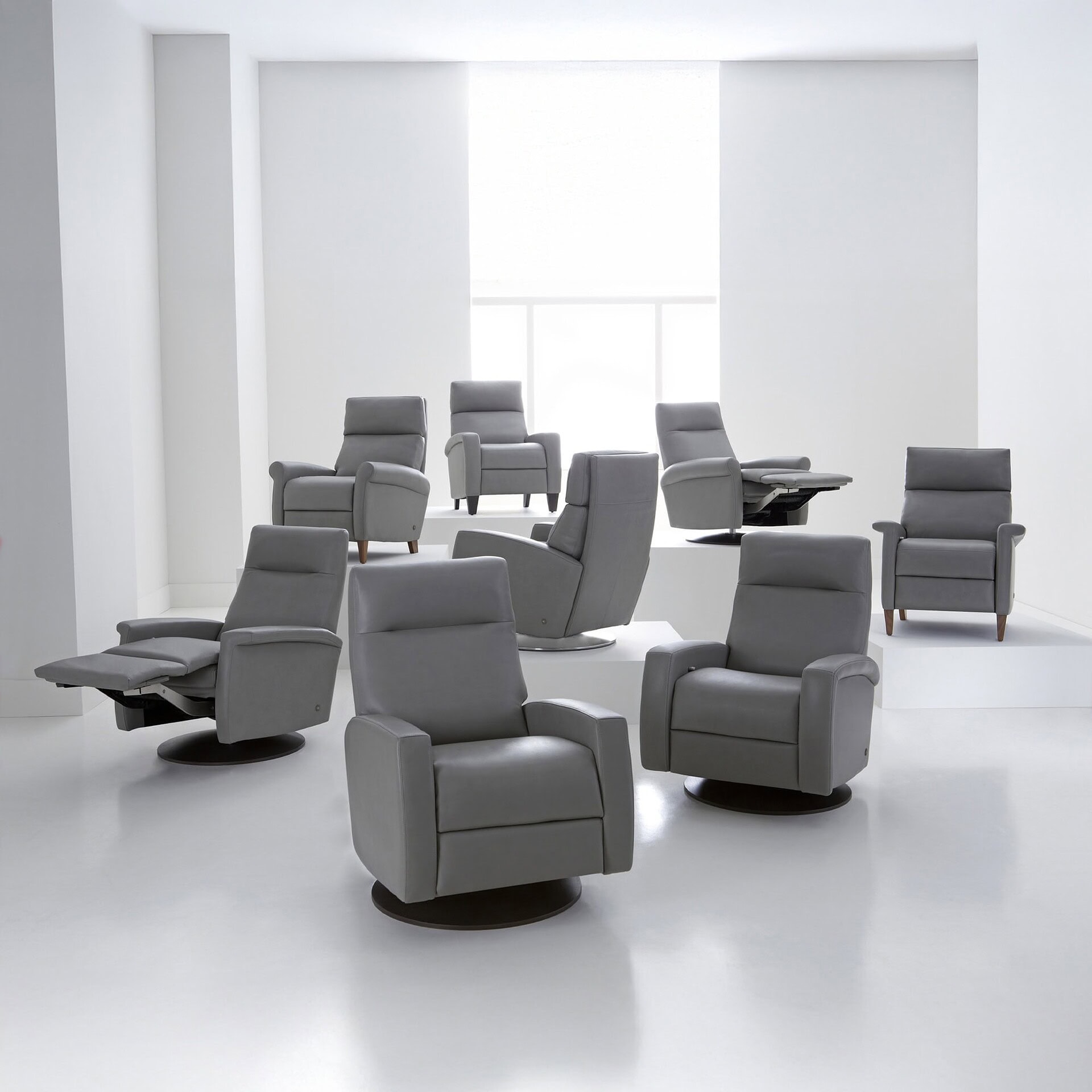 Group of Dexter Comfort Recliners in a showroom setting.