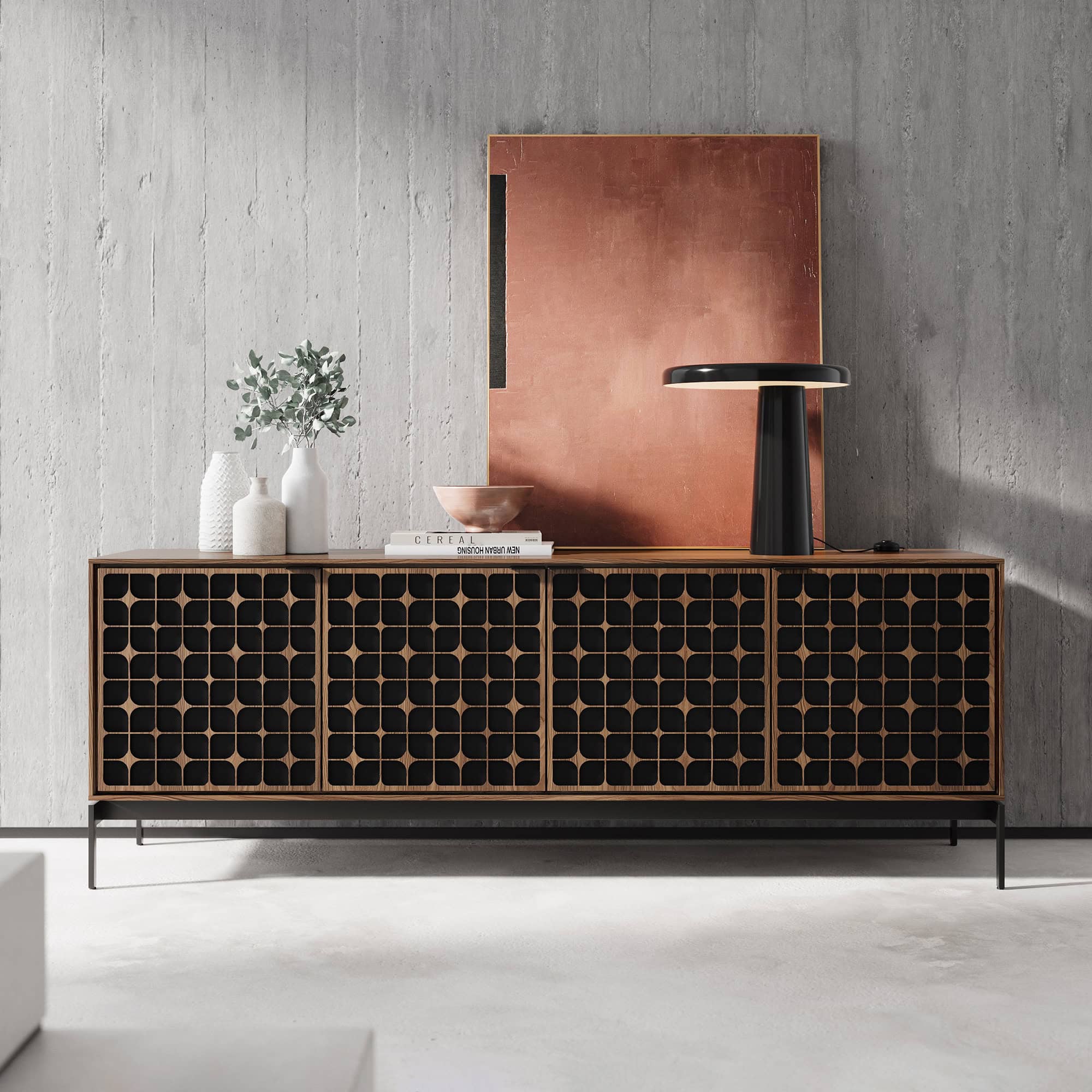 Contemporary wooden sideboard with geometric open storage design and modern decor accents.