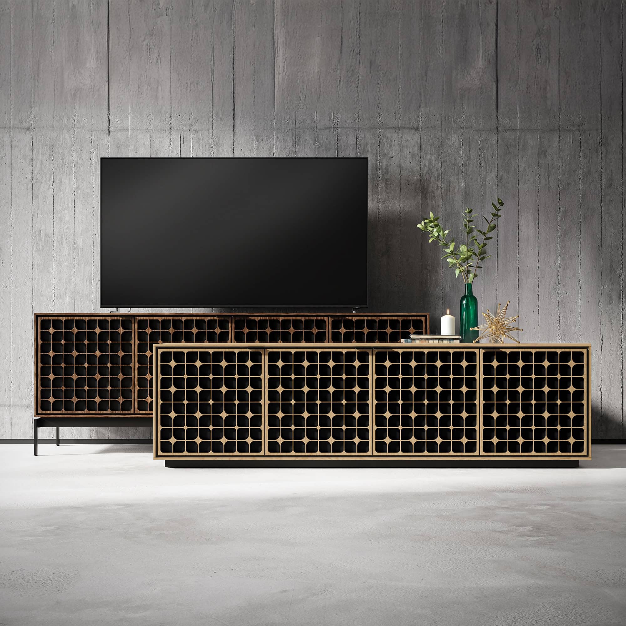Modern wooden wine rack and TV console with geometric design in a contemporary living room.