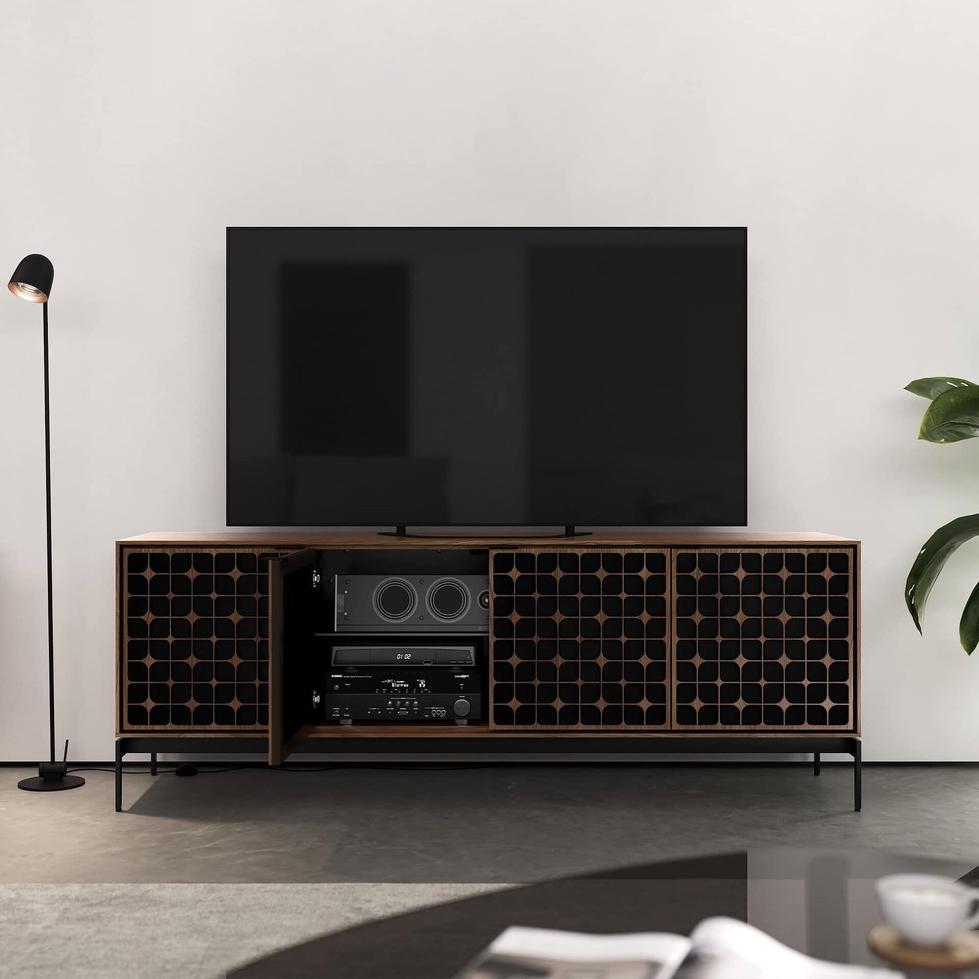 1. Modern entertainment console with wood and black geometric lattice design, ideal for living rooms.