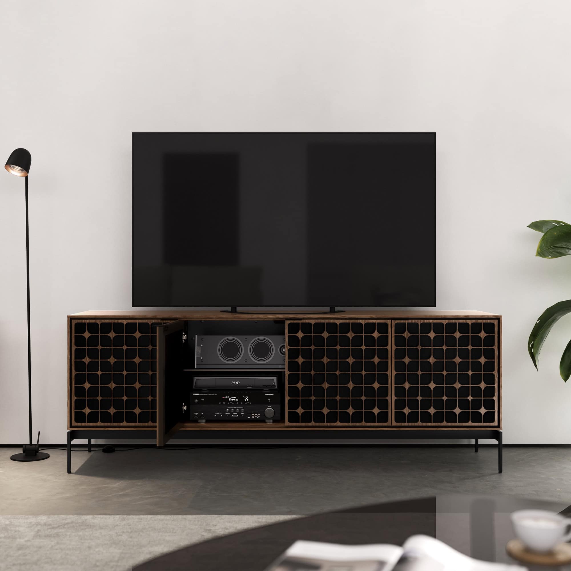 1. Modern entertainment console with wood and black geometric lattice design, ideal for living rooms.