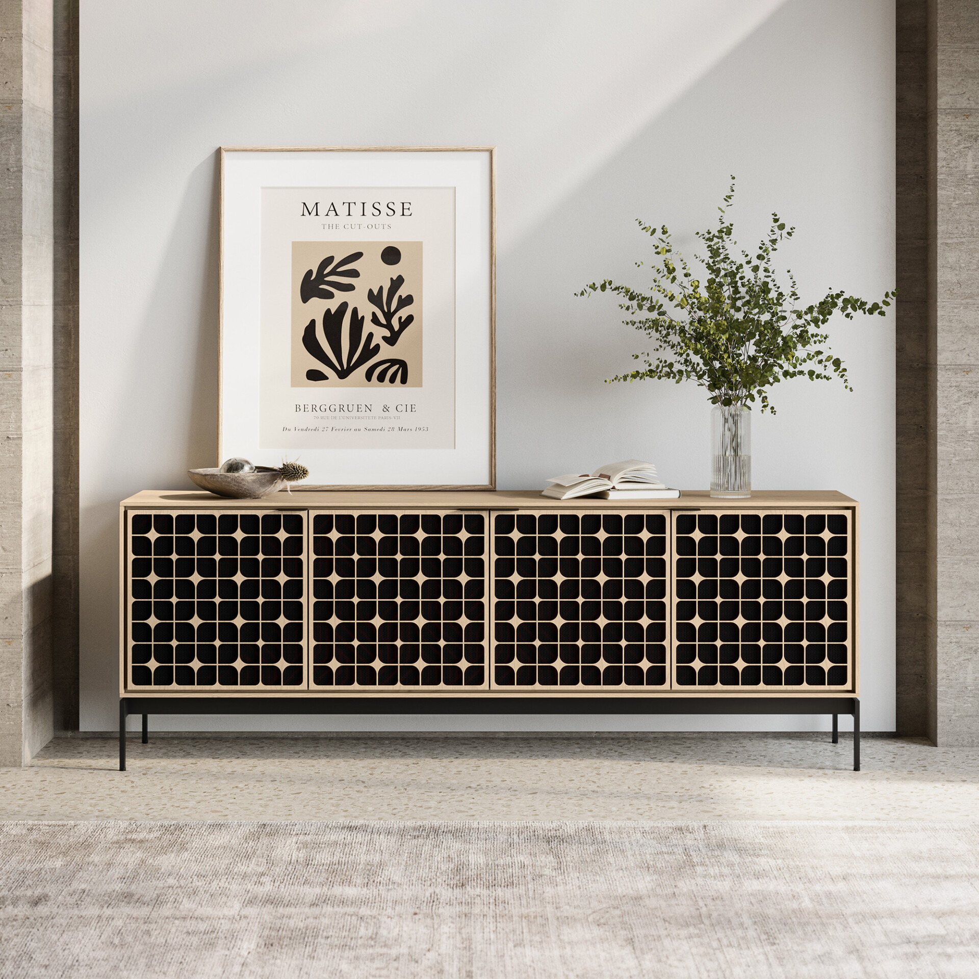 Stylish wooden sideboard with geometric black lattice design, modern decor for living room.