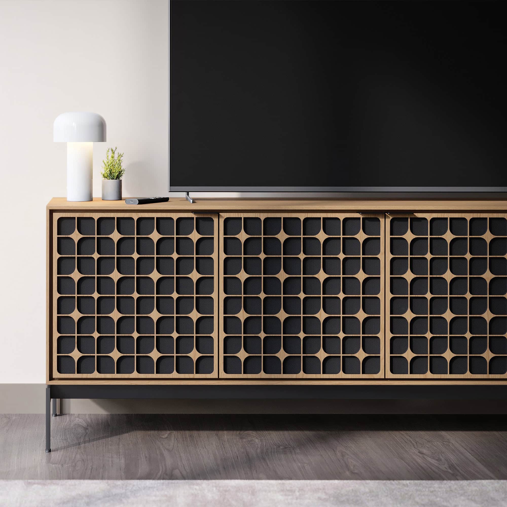Contemporary wooden media console with geometric lattice design, perfect for modern living rooms.