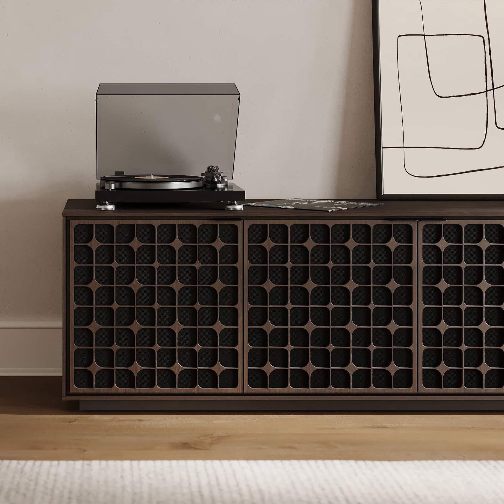Vintage record player on modern wooden console with geometric design, ideal for stylish living rooms.