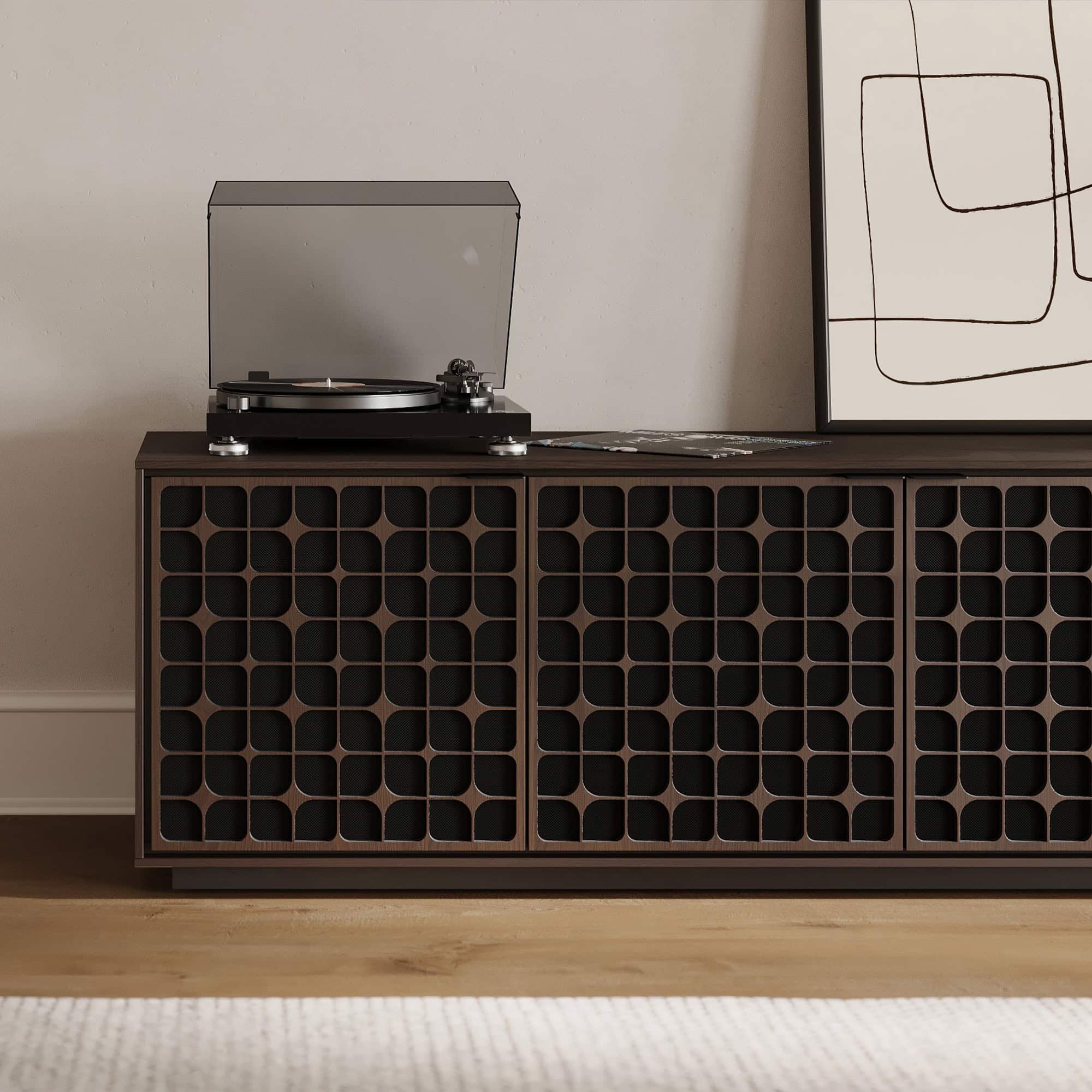 Vintage record player on modern wooden console with geometric design, ideal for stylish living rooms.