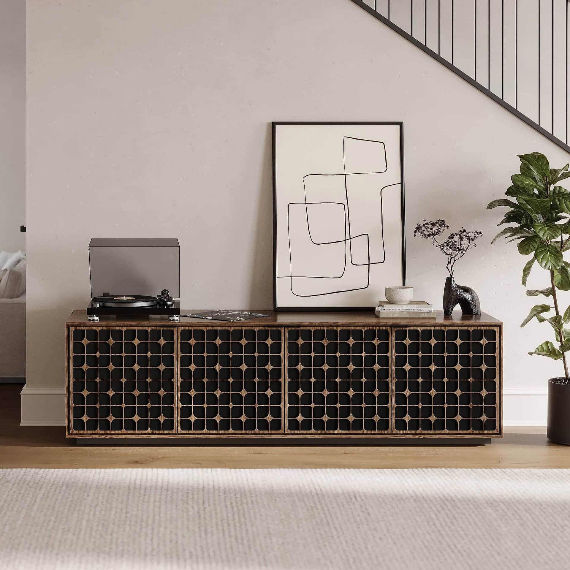 Stylish wooden sideboard with geometric design, perfect for modern living spaces.