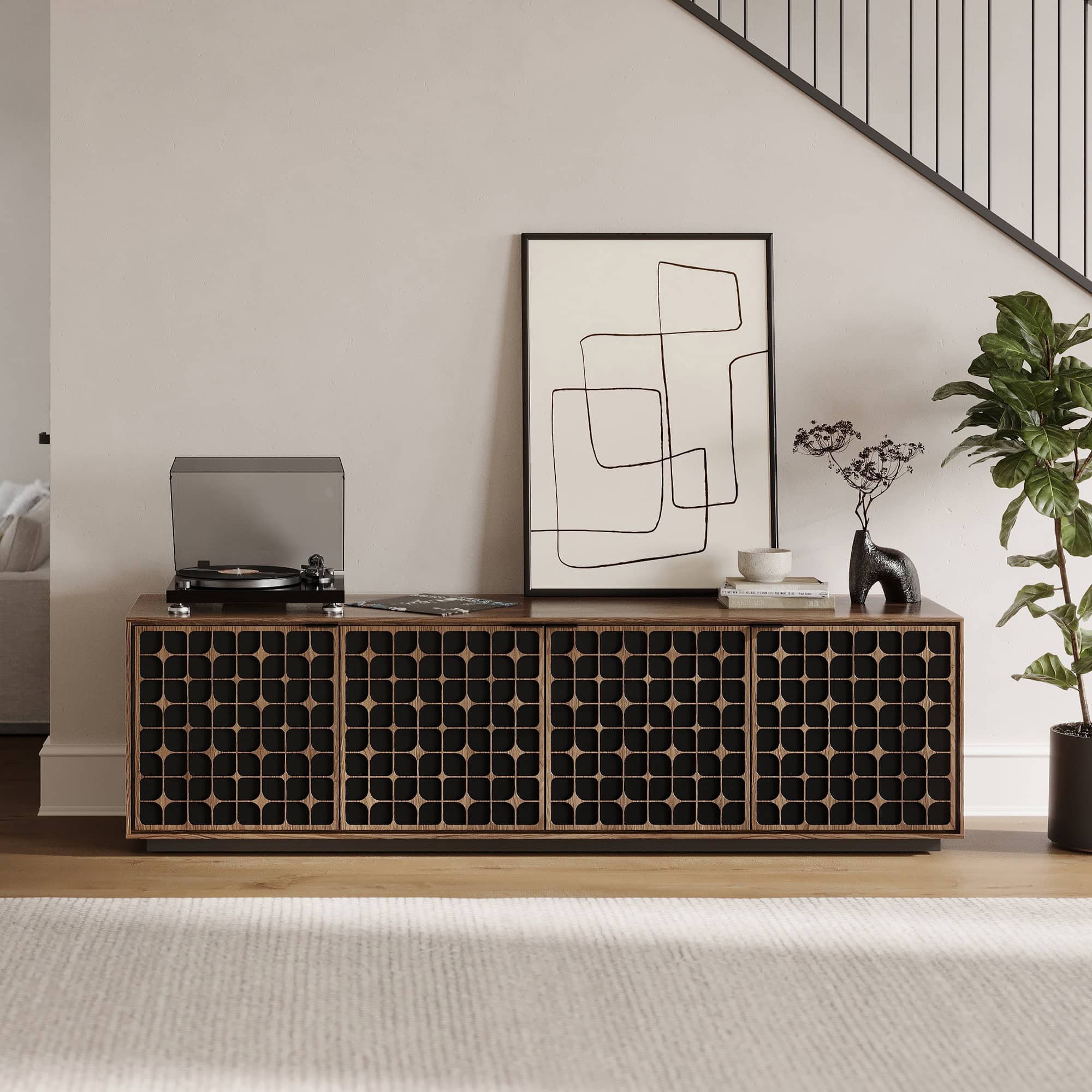Stylish wooden sideboard with geometric design, perfect for modern living spaces.